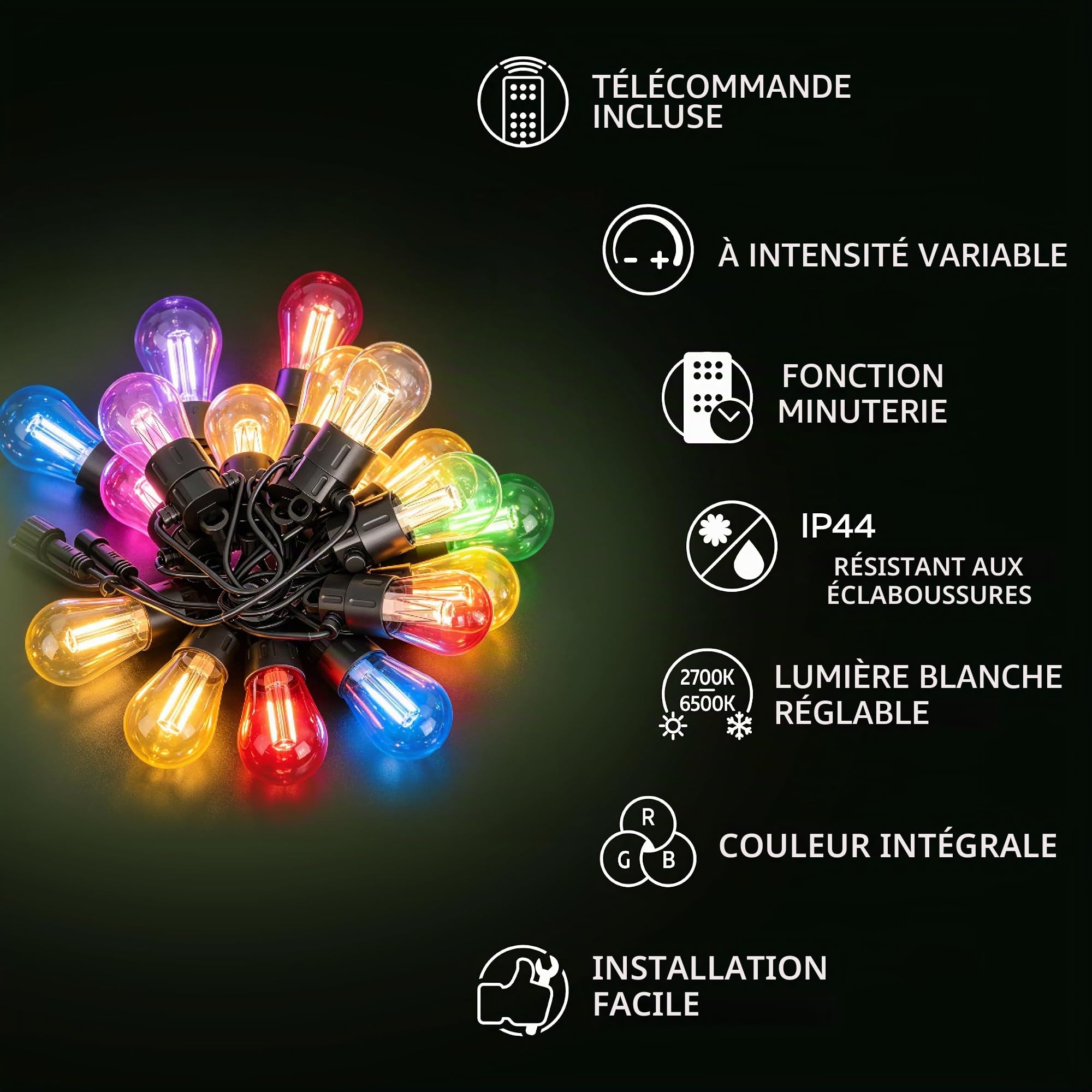 CALEX Guirlande Guinguette, Extensible, 10 Lampes, RGBIC+CCT, Intérieur/Extérieur, IP44, 5M de Câble, Jusqu’à 4 Sets Connectables