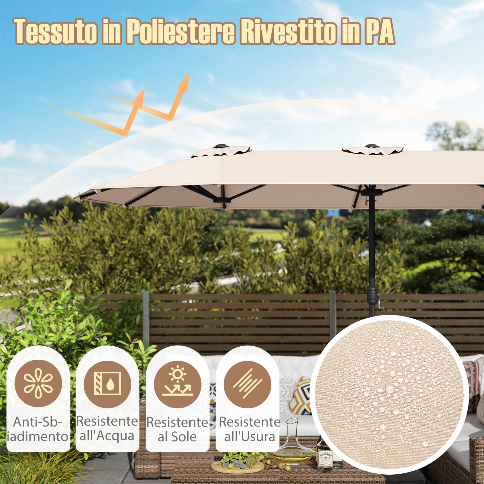 RELAX4LIFE Sombrilla doble de jardín con base de 4 x 2 m, sombrilla parasol con apertura de manivela, tejados ventilados, sombrilla de exterior para patio, patio, restaurante o bar