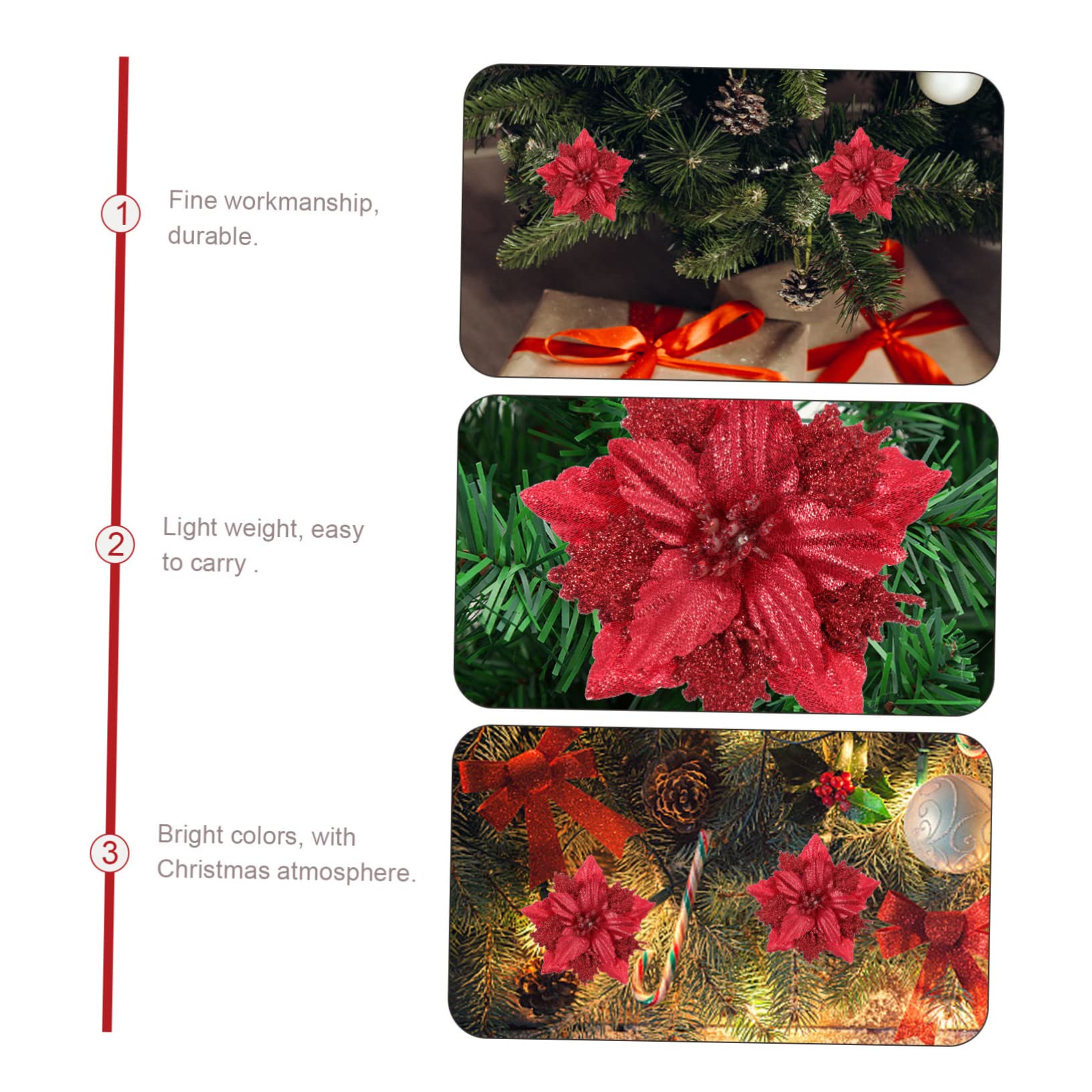 OUNONA 24piezas Flores Artificiales para Decoración De Árbol De Navidad Adornos De Poinsettia Rojos para Fiestas y Celebraciones Accesorios Festivos para Crear Un Navideño Alegre