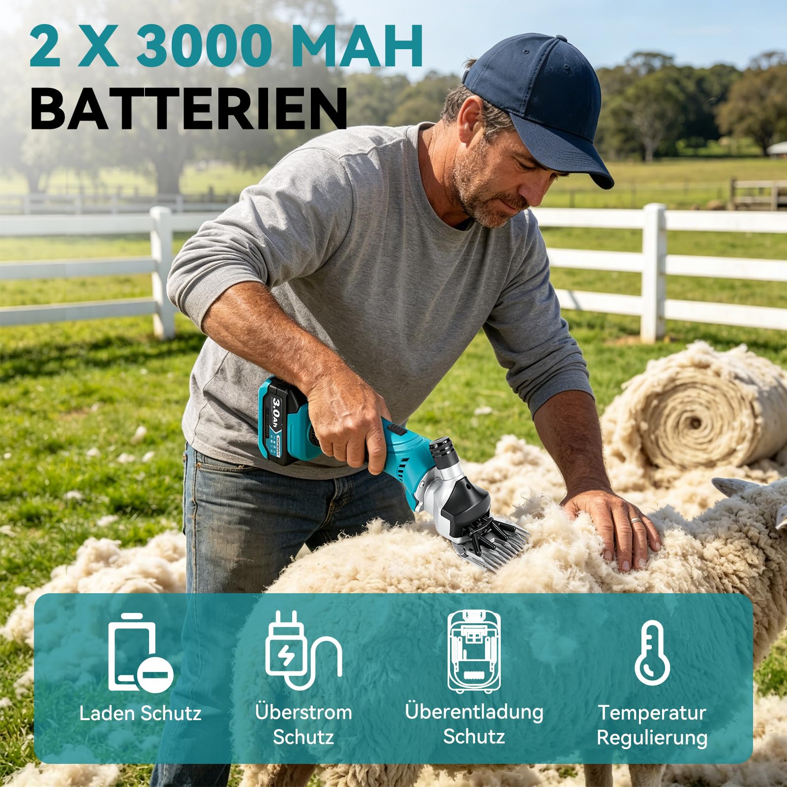 Yofidra Elektrische Schafschere 550W, Kabellose Schafschermaschine Akku 6 Geschwindigkeiten 13-Zahn Klinge, 2x3000mAh Akkus, Professionelle Wollschere Sheep Shears für Schaf Ziegen Alpakas