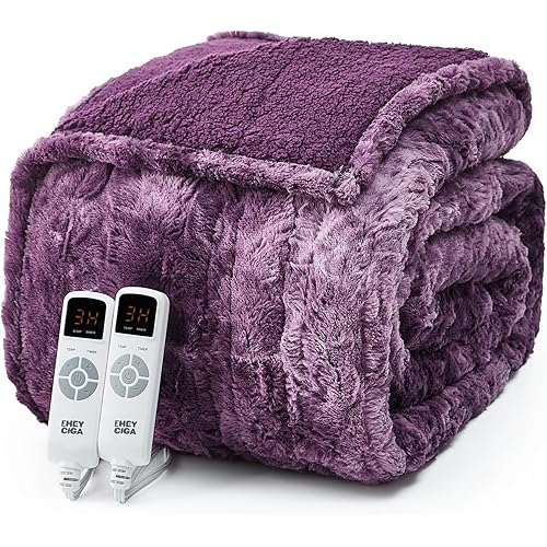 EHEYCIGA Electric Heated Blanket Queen Size Faux Fur, 10 Hours Auto Shut Off 9 Heating Levels Heating Blanket with Dual Control, Soft Warm Heated Blanket Fast Heating Purple, Faux Fur & Sherpa
