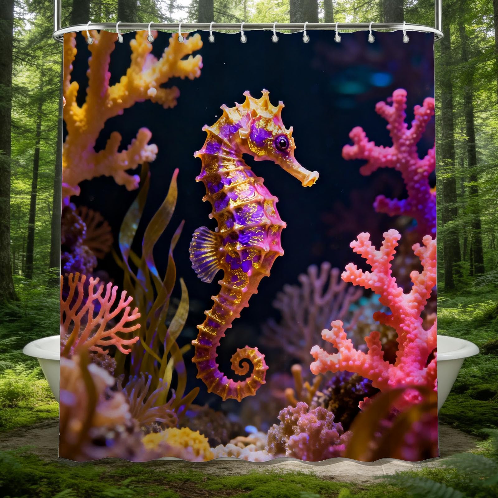 Hongduo 3D 3D Seahorse Shower Curtain for Stalls Bathtubs Coral Bathroom Decor Shower Curtain Set Polyester Fabric Waterproof 180x200cm/71X79 Inch with Hooks