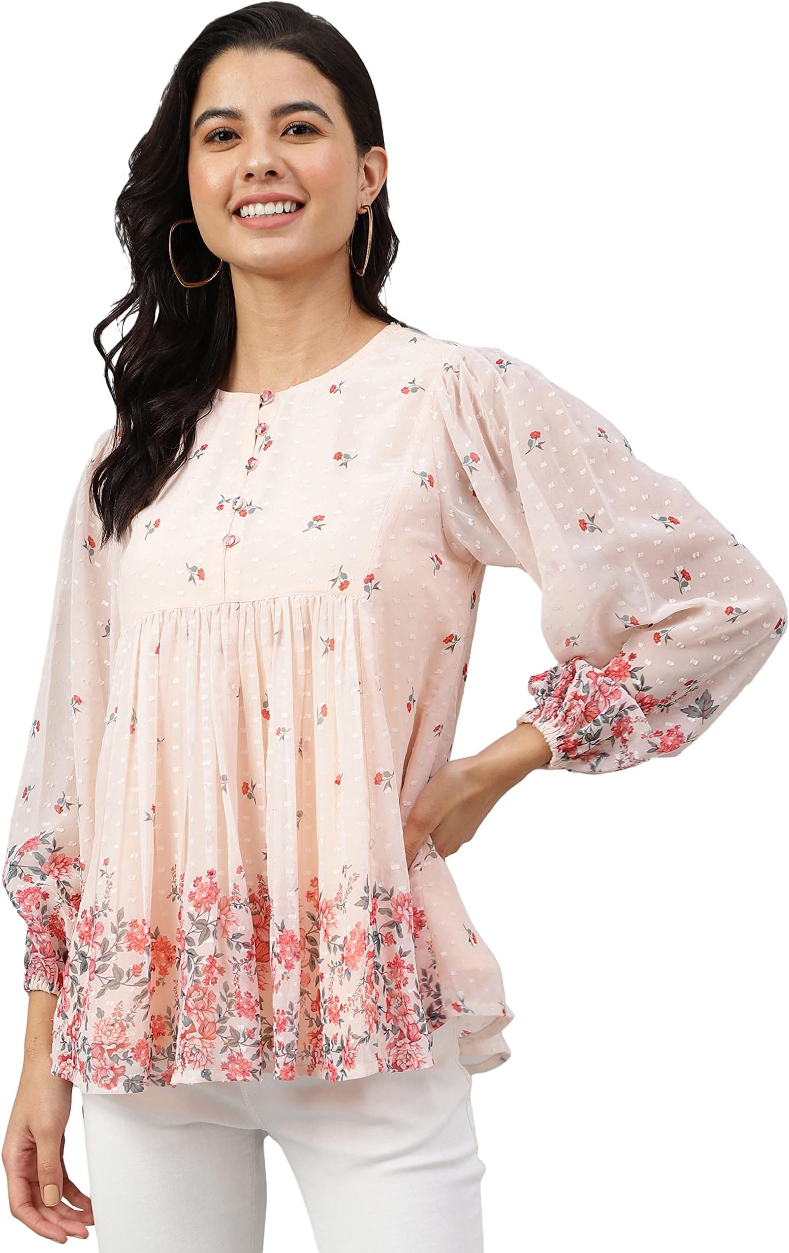 Women's Peach Georgette Floral Print Flared Top