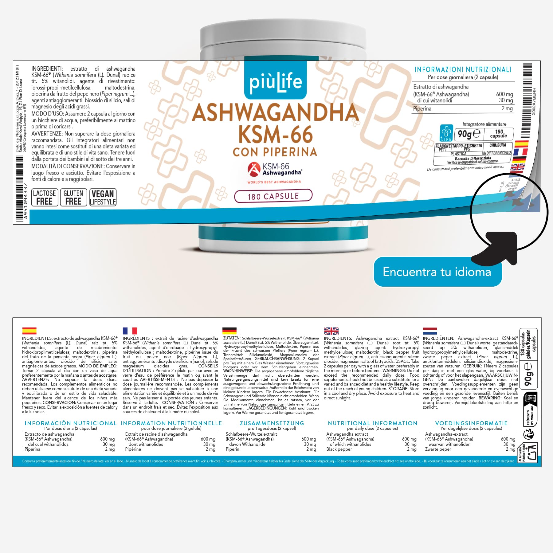Ashwagandha KSM-66 600mg PiùLife, 180 Cápsulas, Extracto De Raíz Withania Somnifera 5% Withanólidos, Ashwagandha Con Pimienta Negra, Estrés Y Bienestar Mental, De Agricultura Ecológica