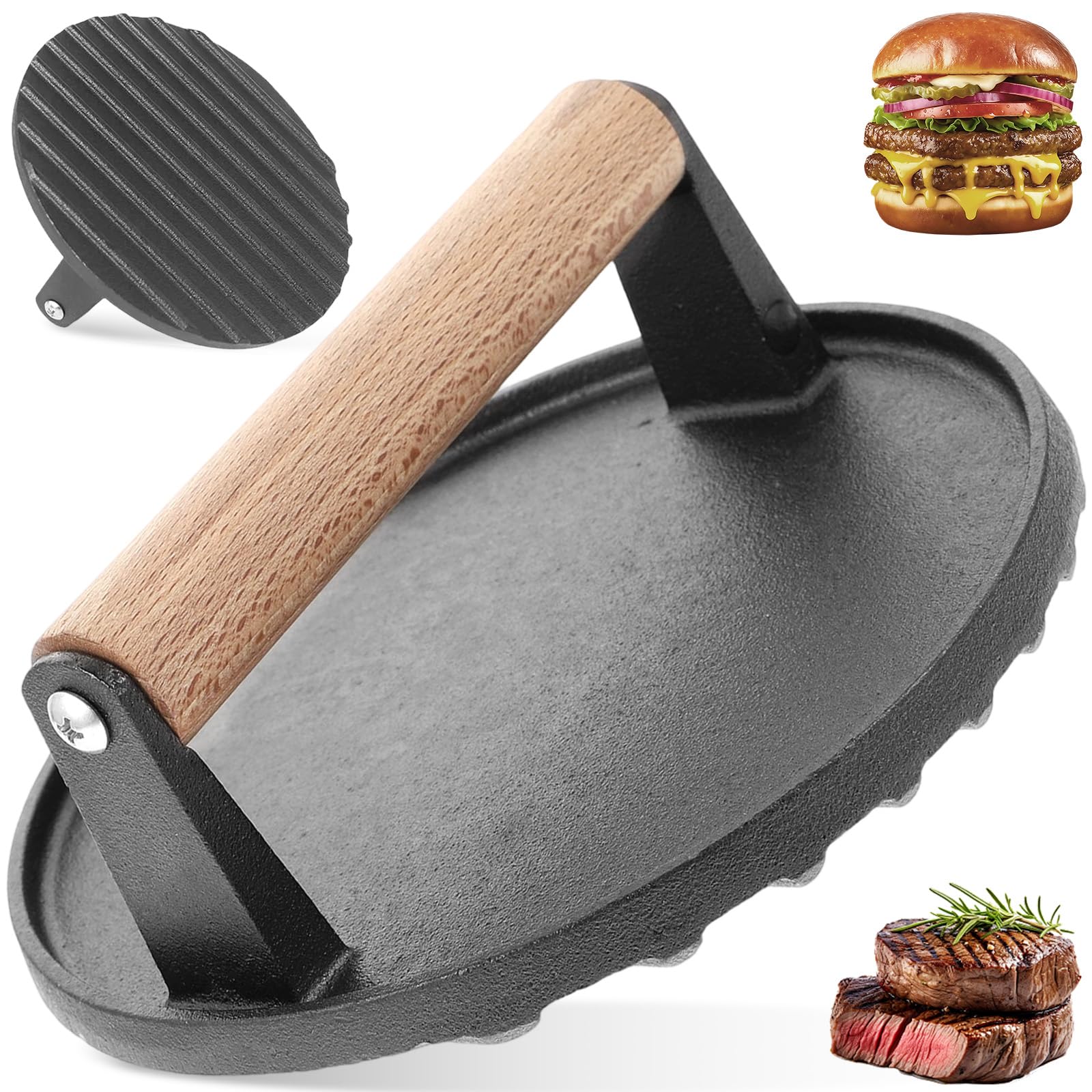 Presse Burger en Fonte, Smash Burger, Presse à Hamburger Ronde en Fonte Robuste de 6,89 Pouces avec poignée en Bois, Presse à galettes pour Barbecue Bacon Steak Grill ou Plaque chauffante