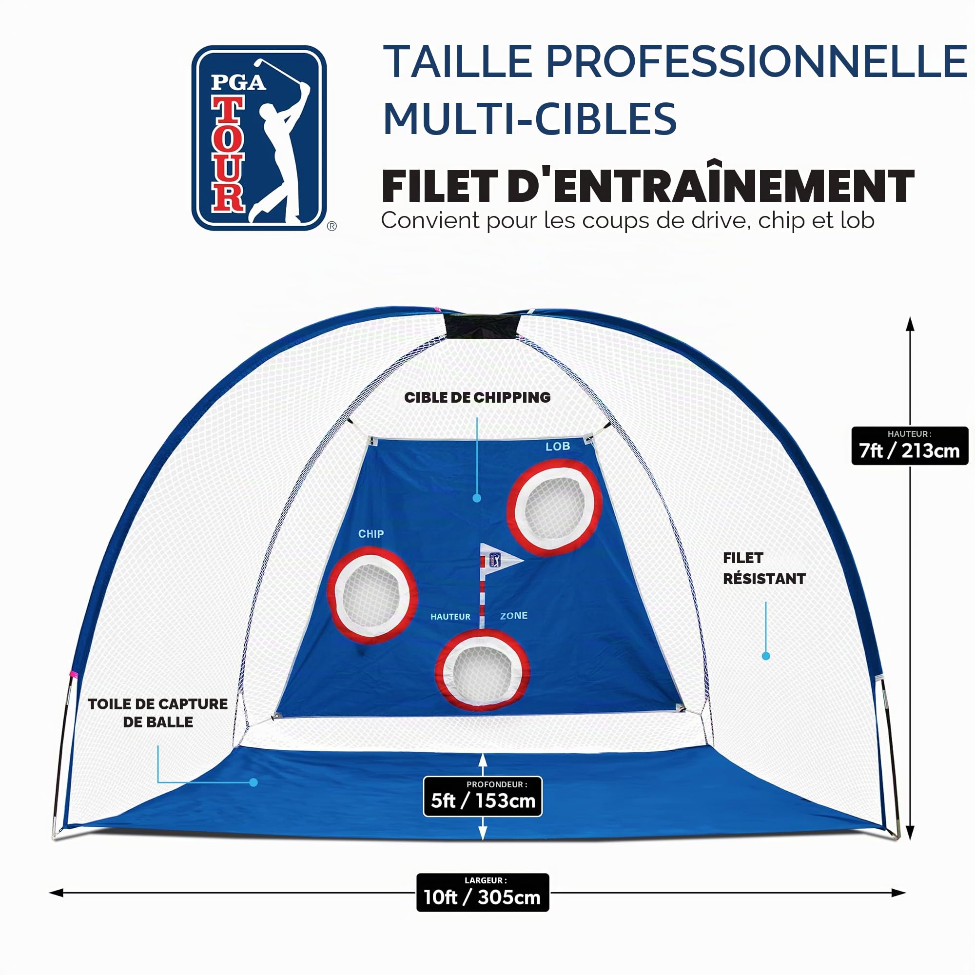 PGA Tour Filet de Conduite Pro Size avec Sac de Transport – Hauteur 214 cm – Largeur 305 cm – Profondeur 153 cm
