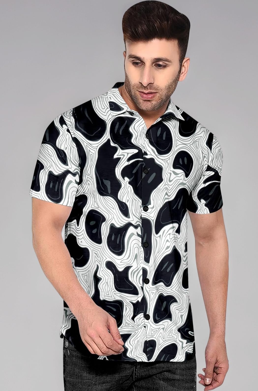 Men's Stylish Look Abstract Ghost Pattern Digital Printed Stretchable Fabric Half Sleeve Slim Fit Cut Away Collar Casual Shirt