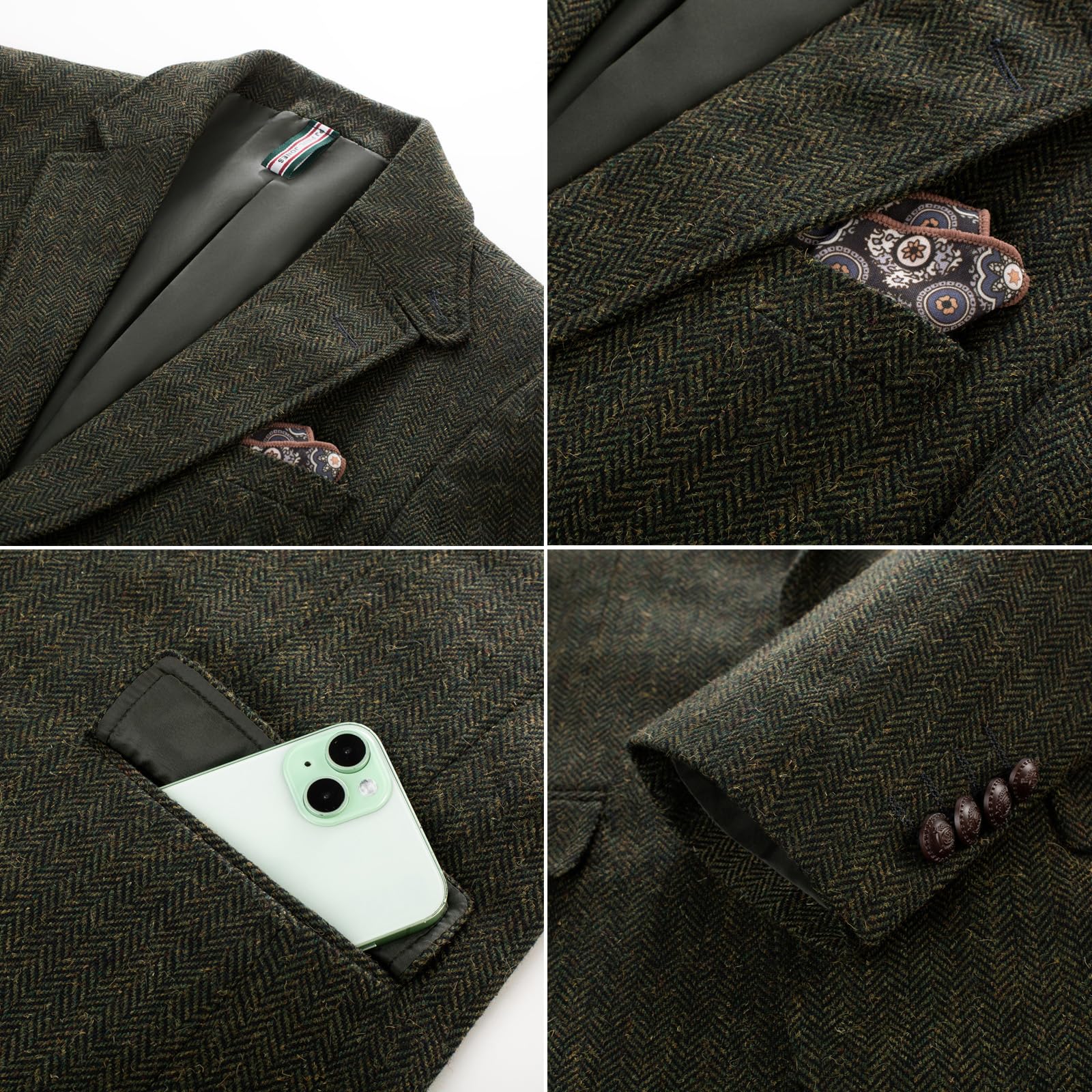 PJ PAUL JONES Blazer da uomo vintage in tweed a spina di pesce, due bottoni, misto lana, cappotto sportivo con tasca quadrata