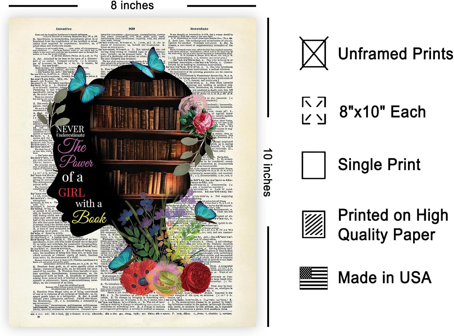 Poster Master Dictionary Art Poster - Never Underestimate a Girl With a Book Print - Motivational Art - Gift for Girl, Teacher & Student - Decor for Girls Bedroom or Library - 8x10 UNFRAMED Wall Art