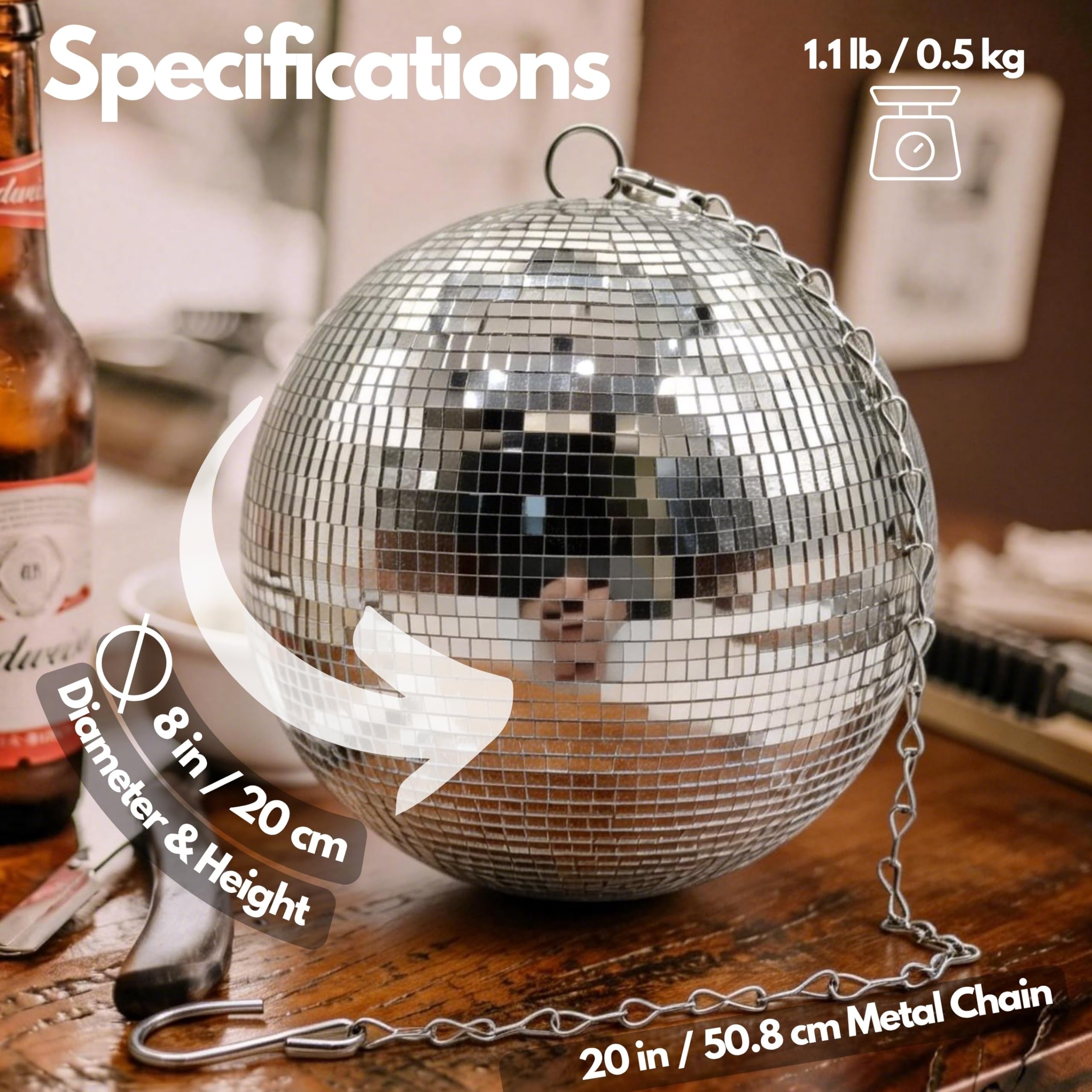 Boule disco à suspendre de 20,3 cm – Sphère réfléchissante pour mariage, anniversaire, vacances et piste de danse – Ornement à suspendre étincelant avec chaîne en métal de 50,8 cm pour événements et