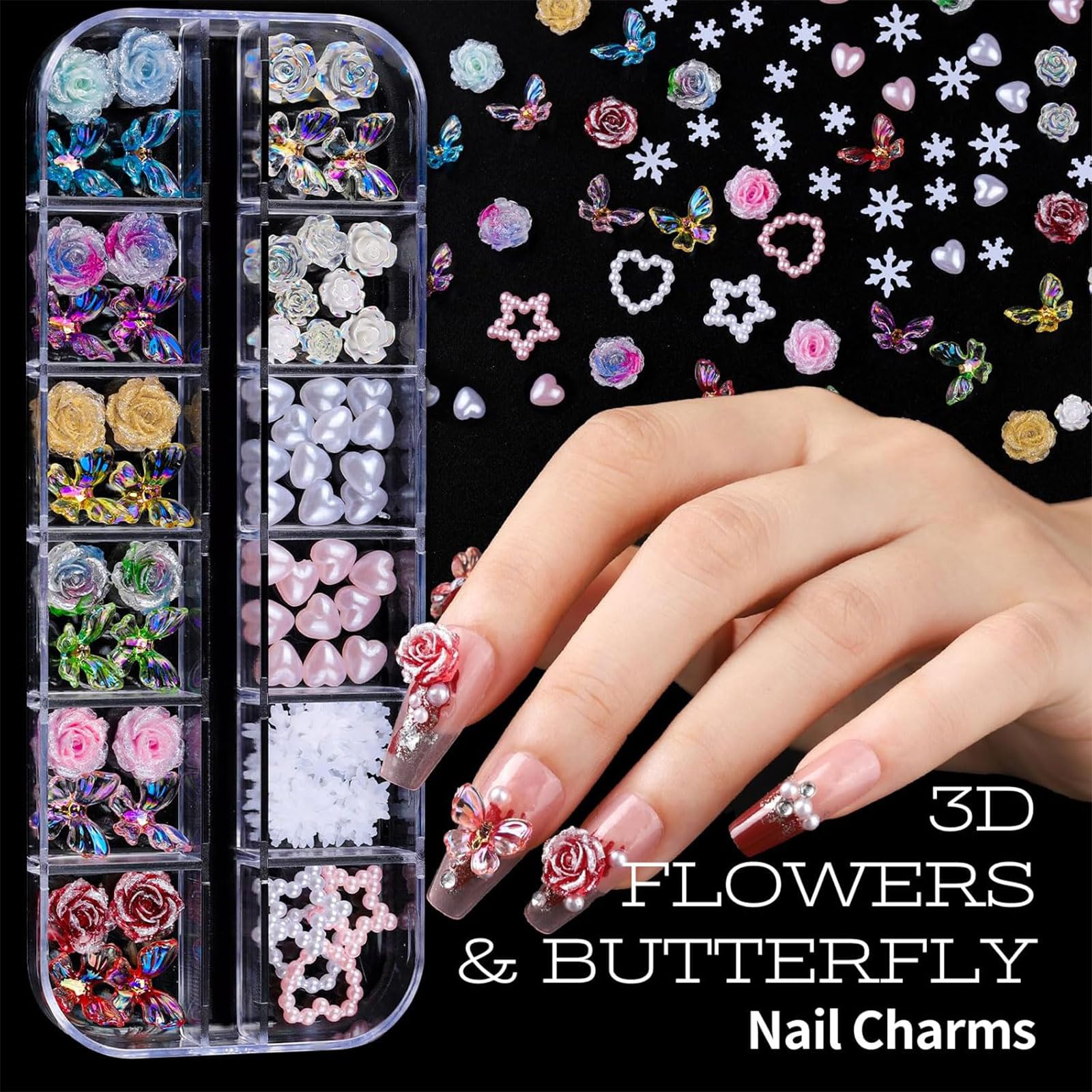 Kit d'Outils de Nail Art et Charms, Set de Nail Art avec 5 Boîtes de Charms 3D et Strass, 15 Pinceaux de Nail Art, 5 Outils de Pointage, 2 Supports de Vernis