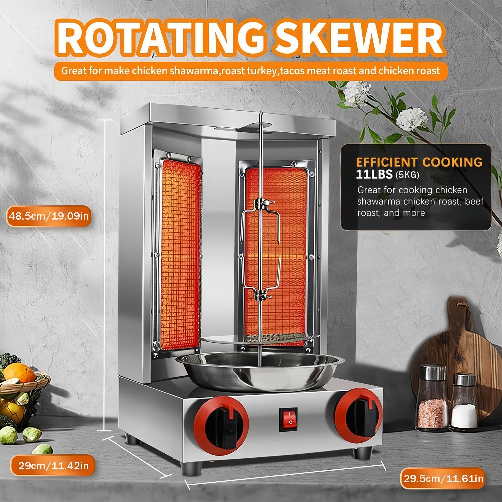 Barbacoa Vertical de Gas para Kebab y Pollo, Giroscópica con Tornillo, Máquina de Kebab, Horno de Barbacoa Vertical con Interruptor de Ajuste de Temperatura para Restaurante, Salón, Cocina,110V