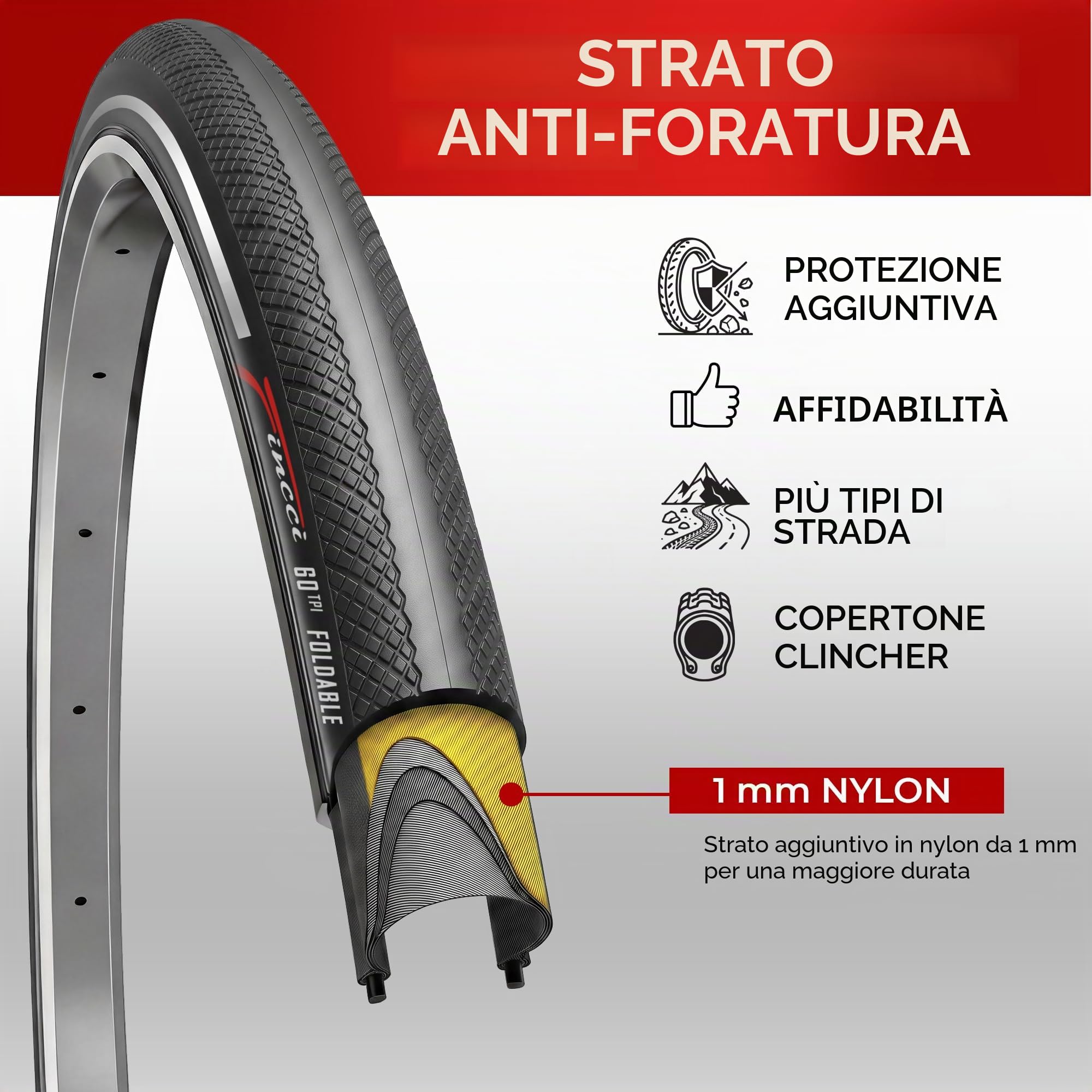 Fincci Copertone Bici 700x28 28-622 Pieghevole con Banda Riflettente Lv3 | Copertone Bici 700x28c con Protezione Antipuncture Lv3 e Pressione 80-110 PSI per Copertoni Bici 28 - Set da 2