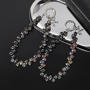 richginker 2pcs Crystal Phone Wrist Strap Phone Charm Chain Keychain Beaded Cellphone Lanyard with Tether Tab Hands-Free Wristlet Bracelet Wrist Grip Strap for Women, D-Black