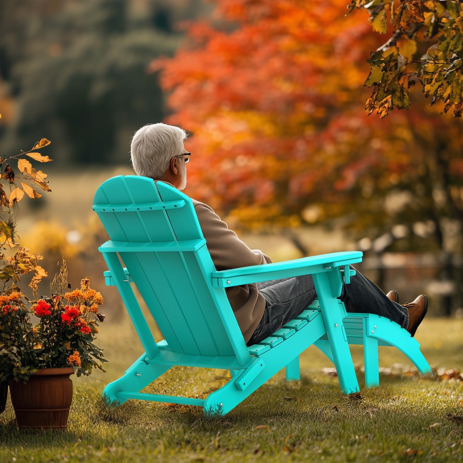 IVY&LANE Outdoor Adirondack Ottoman | Folding | HDPE | Aqua | All Weather | Waterproof Patio Footrest for Adirondack Chair | Poly Lumber Foot Rest for Deck Backyard