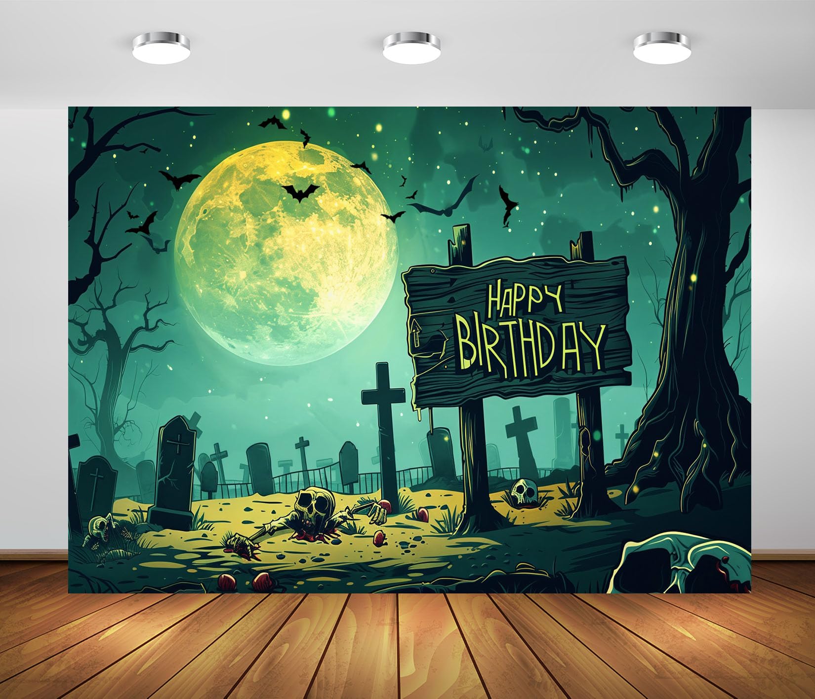 17x10FT (5.2x3m) Letrero Cumpleaños Cementerio Lunar Telón Fotográfico | Cementerio De Dibujos Fondo De Tela,Cartel De Madera Cruces Y Huesos,Fiesta Infantil,Retratos De Estudio,Photo Booth