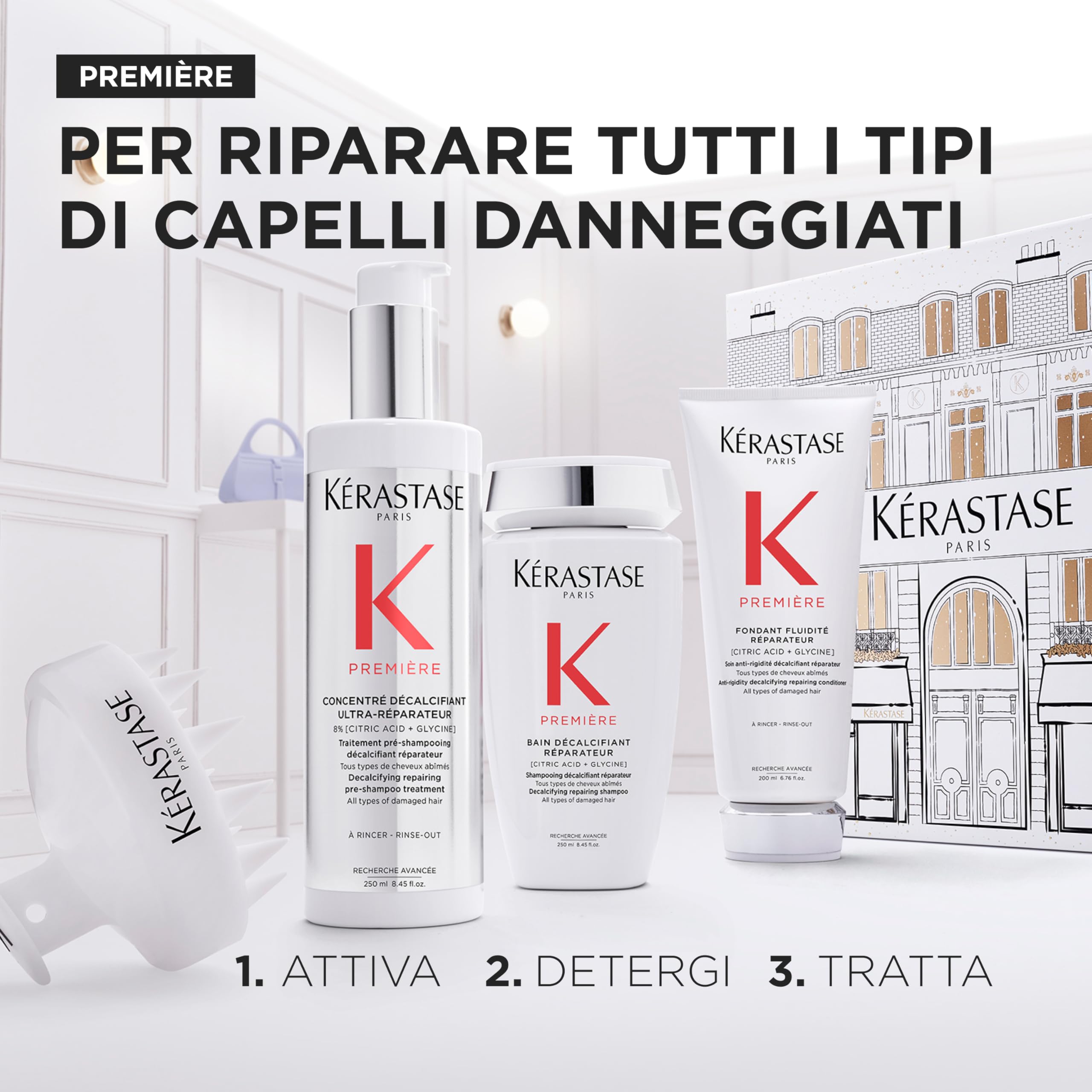 Kérastase, Première, Kit per Capelli Danneggiati, Pre-Shampoo + Shampoo + Balsamo, Azione Riparatrice, Capelli Più Forti, Décalcifiant Réparateur, 250 + 250 + 200 ml