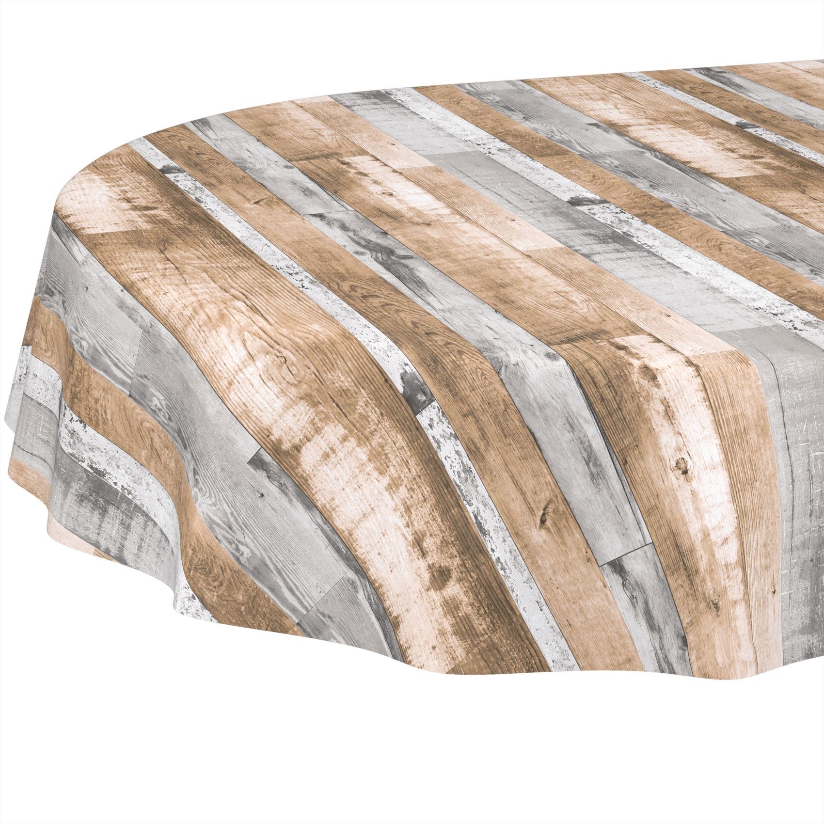 Tischdecke oval abwaschbar ohne Einfassung – PVC-Wachstuch Holzoptik Braun Grau – schmutzabweisend & strapazierfähig – für drinnen & draußen 180 x 140 cm (Oval)