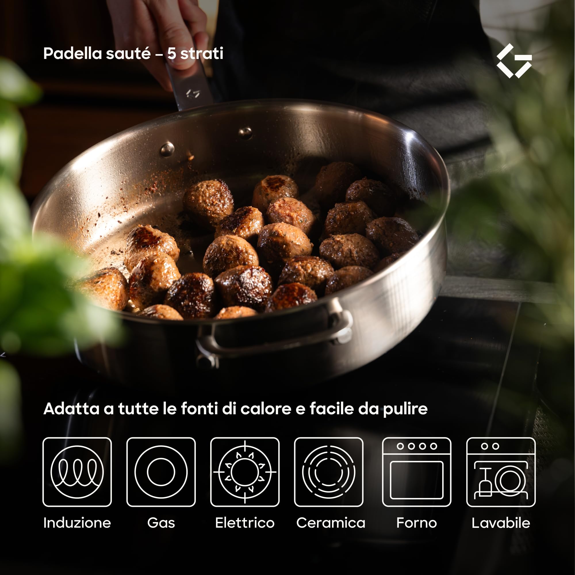 Gastrotools Padella Inox 28 cm 5-Ply con Coperchio Senza PFAS | Senza rivestimento | Manico CoolGrip | Padella da frittura & universale | Per induzione | Distribuzione uniforme del calore