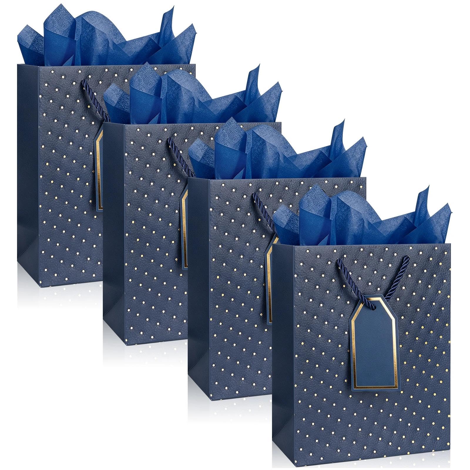 4 Pack Navy Blue Small Gift Bags with Handles 18x10x23cm, Embossed Leather Look Present Bags with Tissue Paper & Tags, Gold Foil Dot, Ideal for Birthday, Wedding, Christmas, Corporate & All Occasions