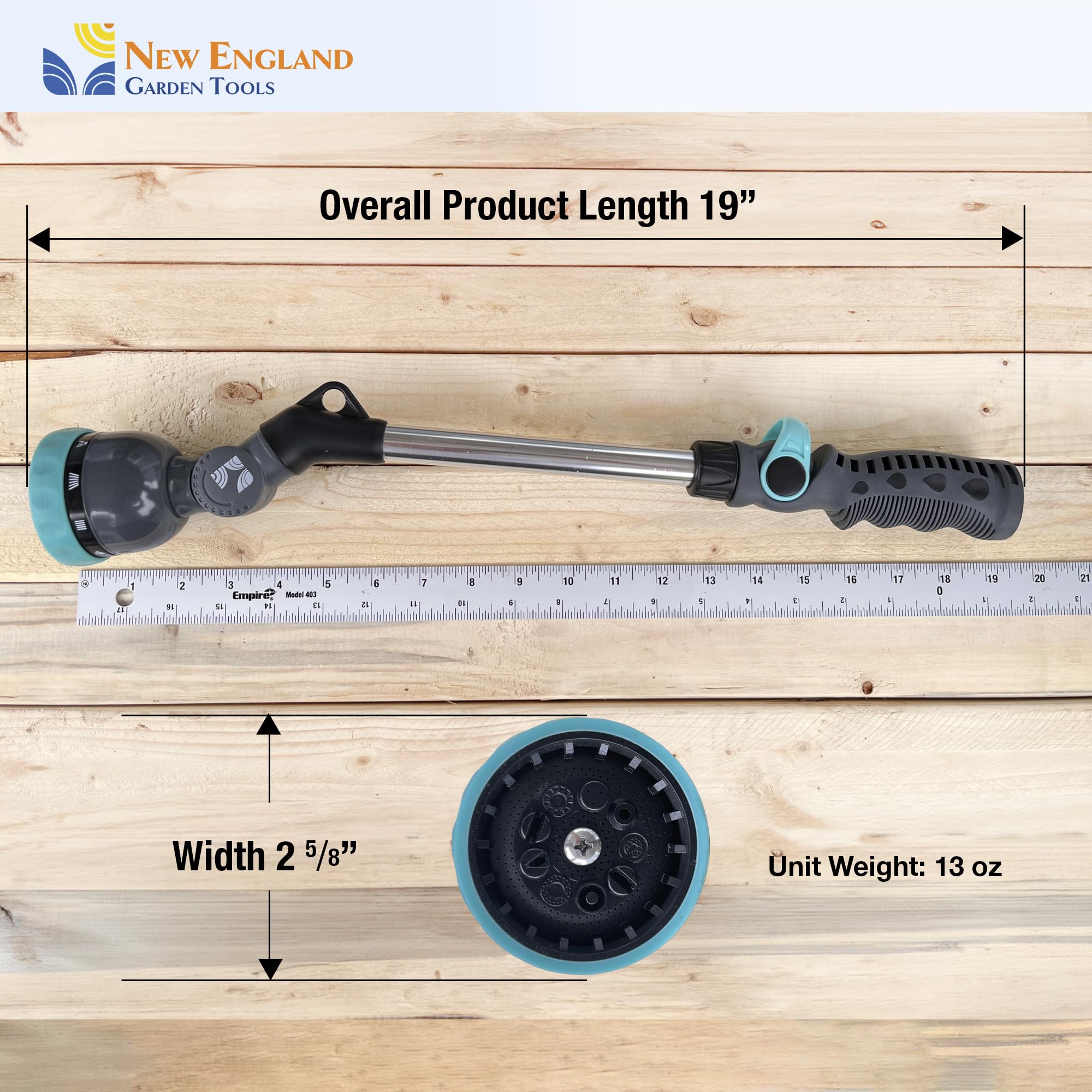 Varita de manguera de agua de 18 pulgadas con 9 patrones de pulverización y una cabeza pivotante 600001 con agarre cómodo y control de pulgar por New England Garden Tools para limpiar, regar plantas y