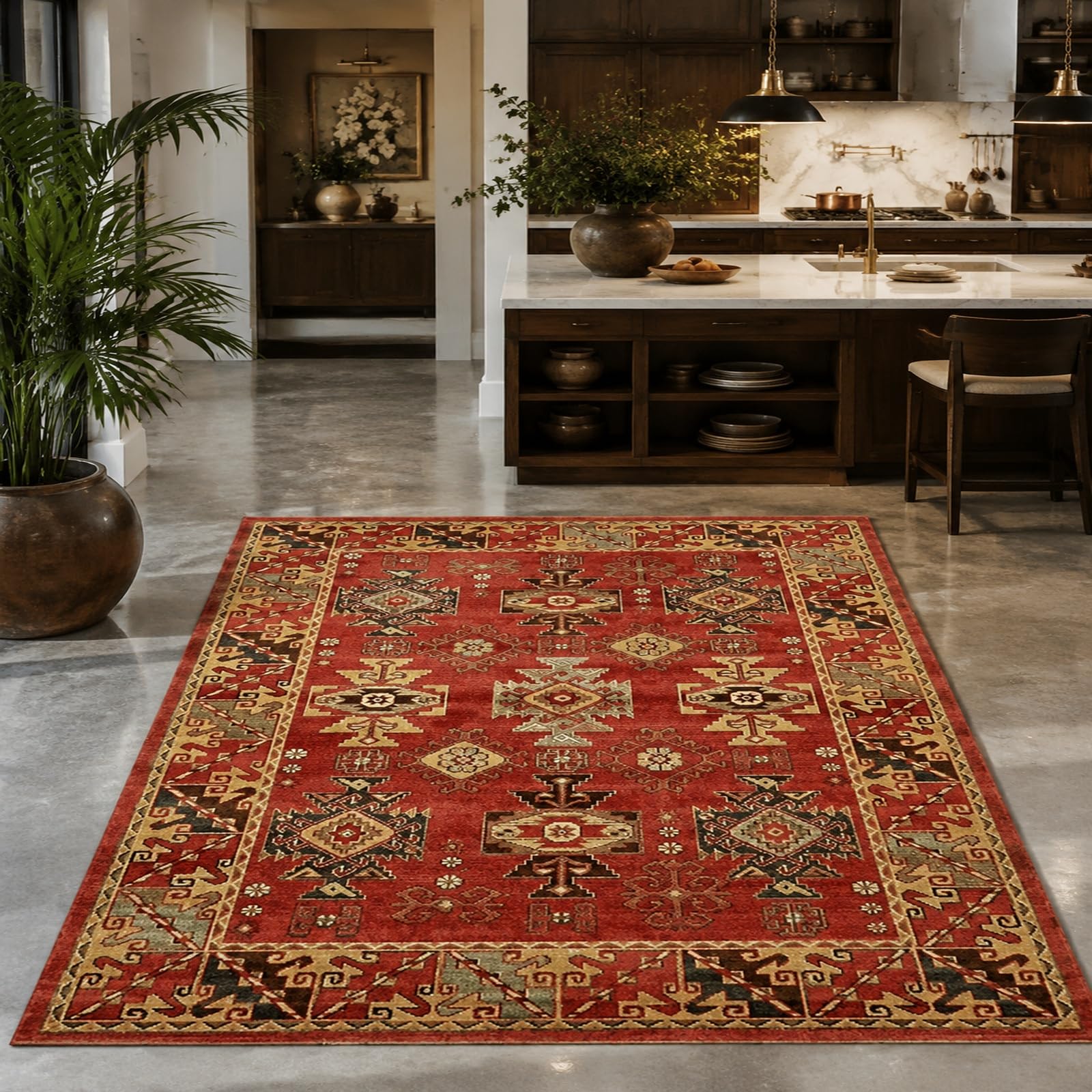 Tapis Poils Courts, Salle de séjour, Salle à Manger, Couloir, Chambre, Motif géométrique Oriental Rouge, Beige, Marron, Gris, 80 x 150 cm