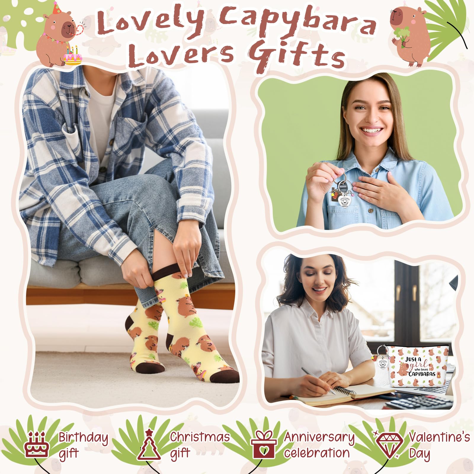 Xuniea Set Regalo Capibara 3 Pezzi - Pochette Trucco, Portachiavi e Calzini con Scritta "Just a Girl Who Loves Capybaras" - Idea Regalo Natale, Compleanno per Amanti degli Animali, Amici, Colleghi