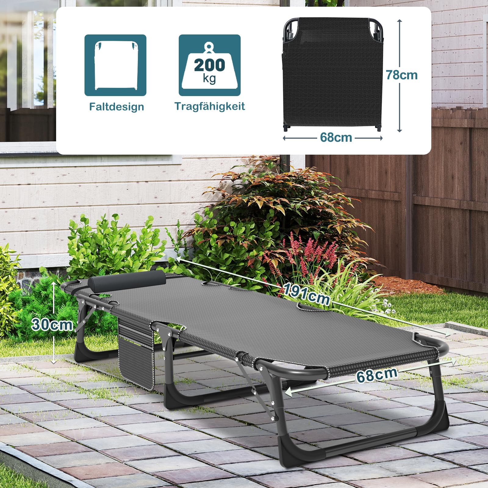 Sonnenliege Klappbett Campingbett Gästebett klappbar liegestuhl 200KG Lastlager Gartenliege Mit Matratze Seitentasche und Kopfstütze Feldbett für Outdoor Indoor Garten Camping (Grau-BK)