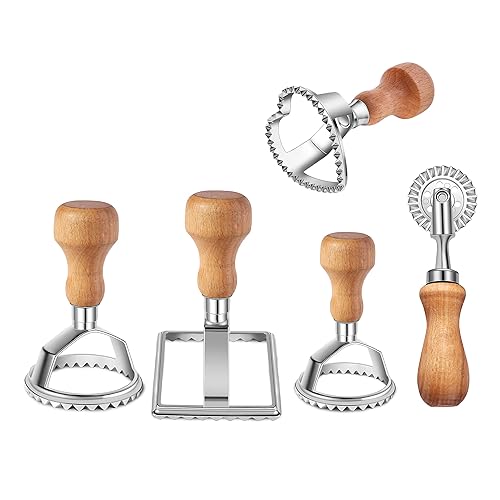 Ravioli Stamp Maker Cutter with Roller Wheel Set, Mold with Wooden Handle and Fluted Edge, Pasta Press Kitchen Attachment (3 Set) (4 Set and Cutter) - 4 Set and Cutter