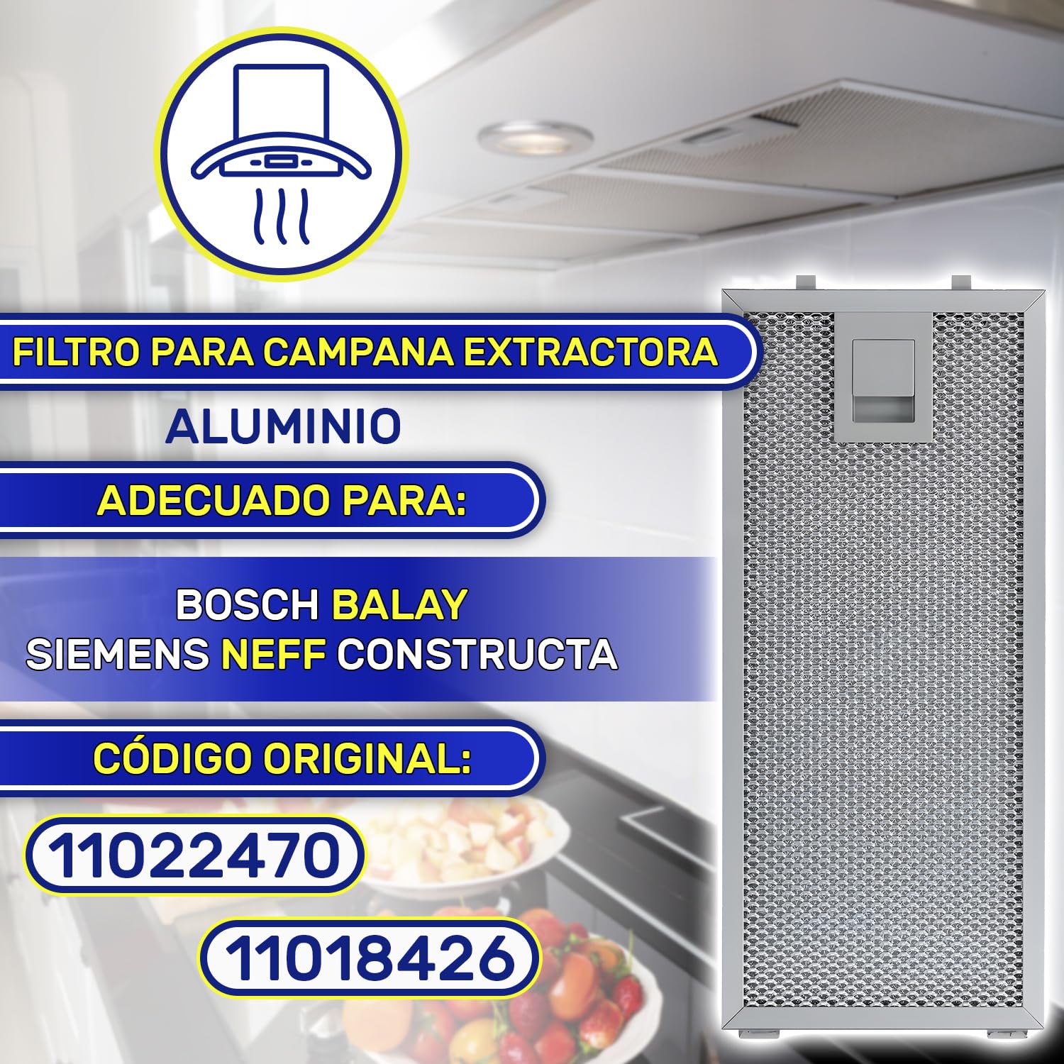 Aluminio Filtro Rejilla de Grasa para Campana Extractora 250 x 110 x 8 mm con Código Original 11022470 11018426 para Bosch para Balay para Siemens para Neff - Garantía de 10 Años - MONTERAL