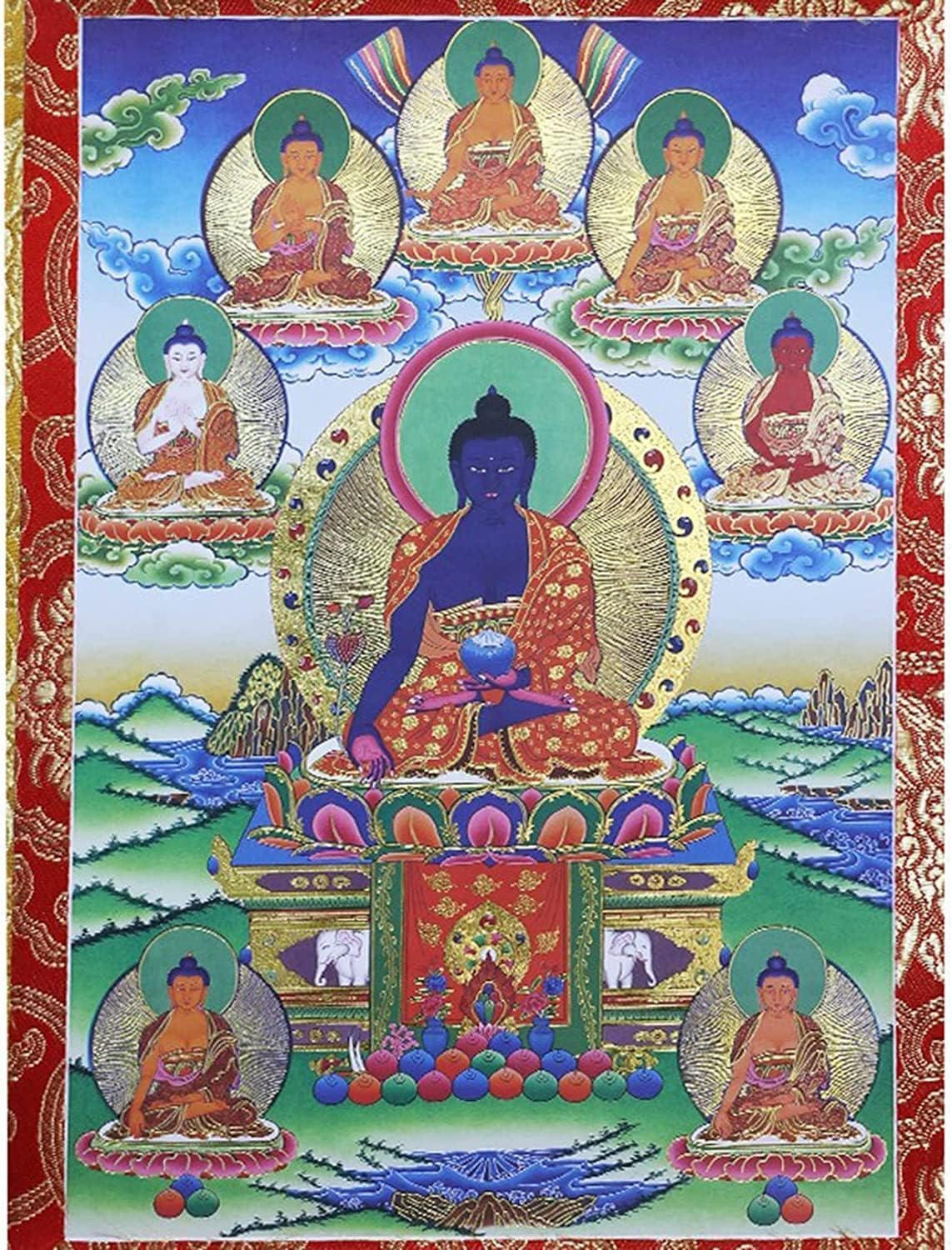 Rysunek na jedwabnym zwoju, Tybetański Thangka haft 8 medycyny buddowie dekoracje ścienne medytacja dwa rozmiary(49x63cm(19x24inch))
