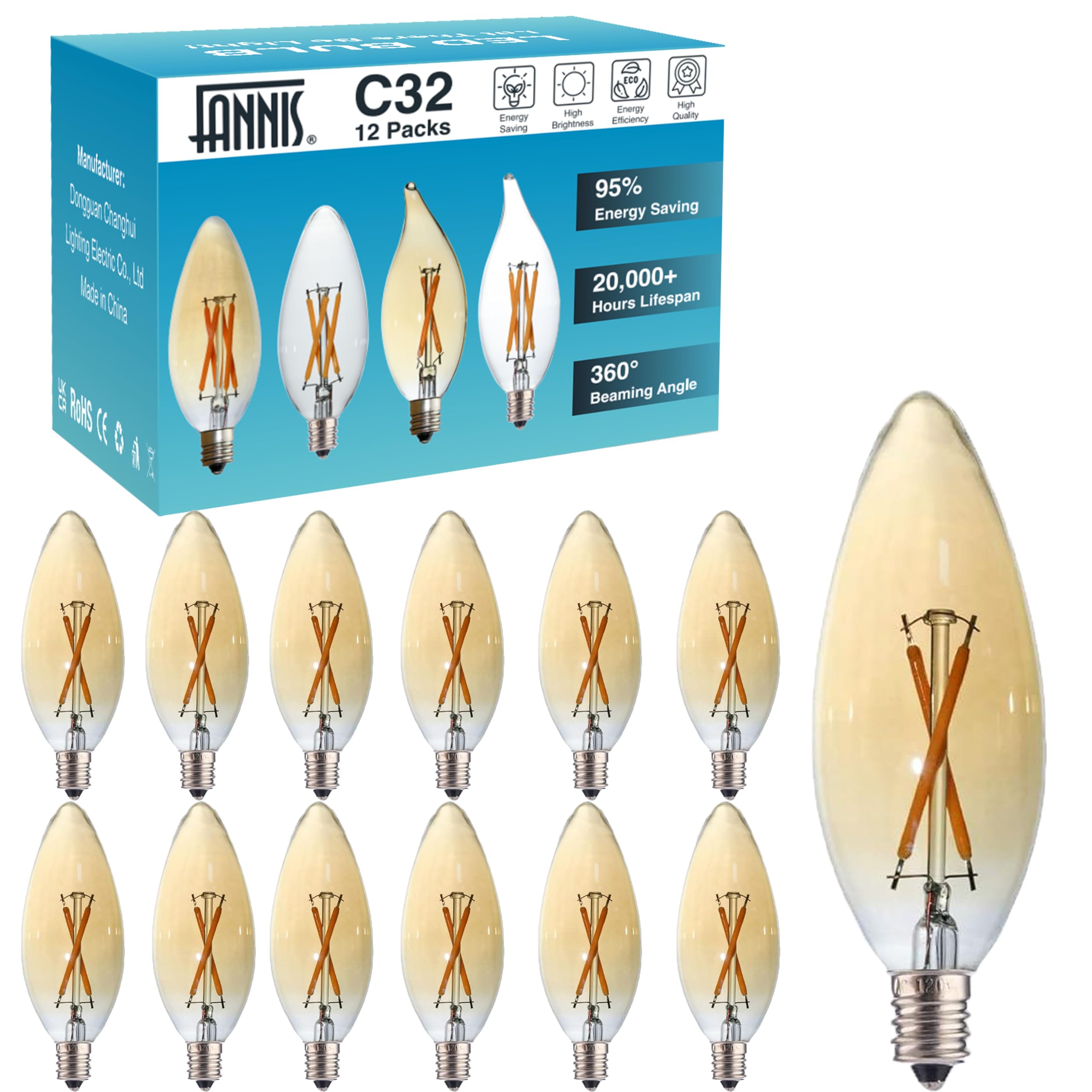 FANNIS 12 Pack E12 Candelabra LED Bulb 20 Watt Equivalent,2W 2200K