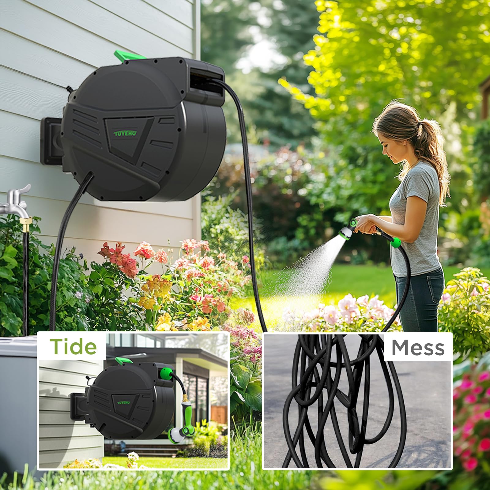 Carrete retráctil para manguera de jardín de 100 pies, montaje en pared resistente, rebobinado lento automático, 2 boquillas