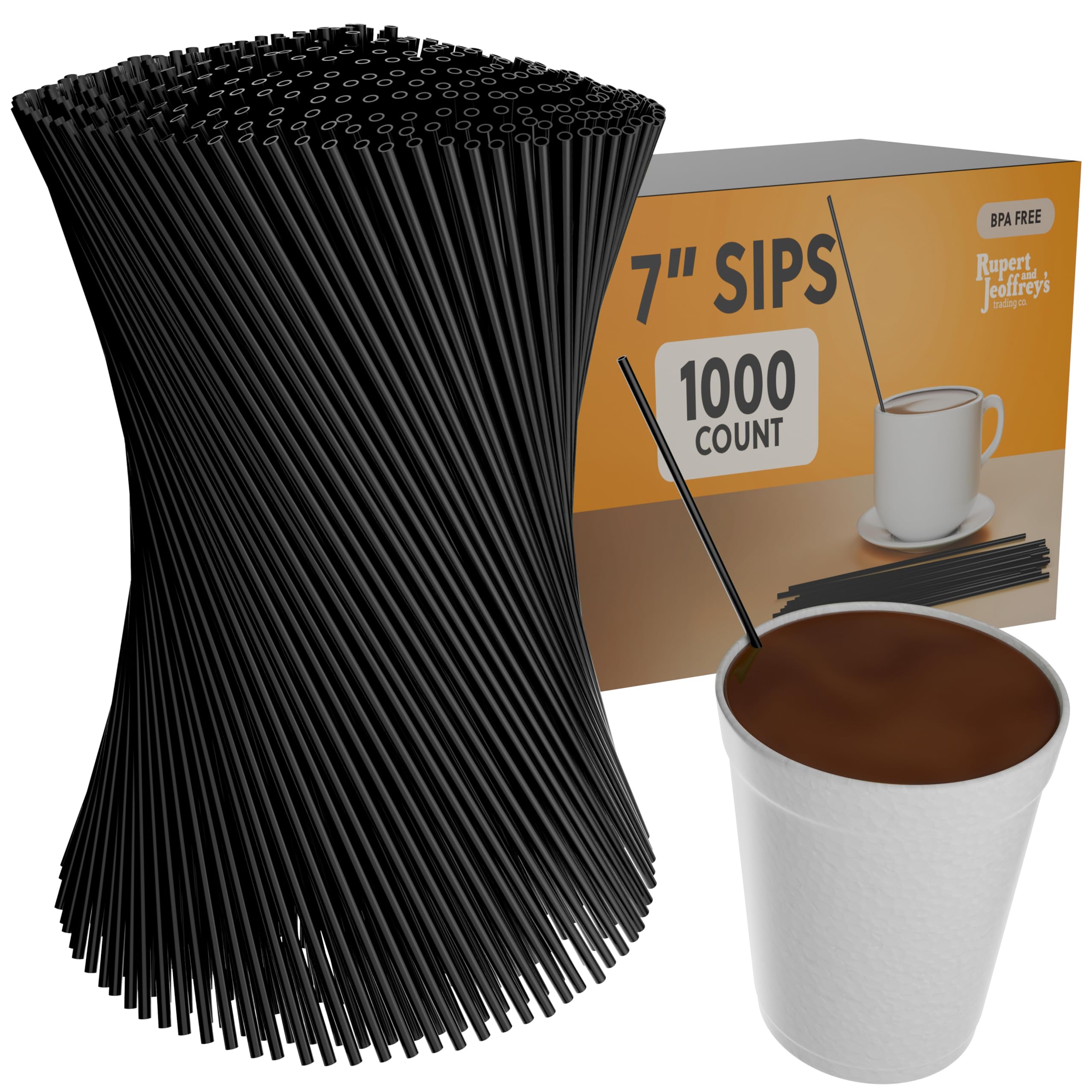 Tall Plastic Coffee Stir Sticks - 7 Inch Coffee Stirrer Sip Straws (Black, 1000)