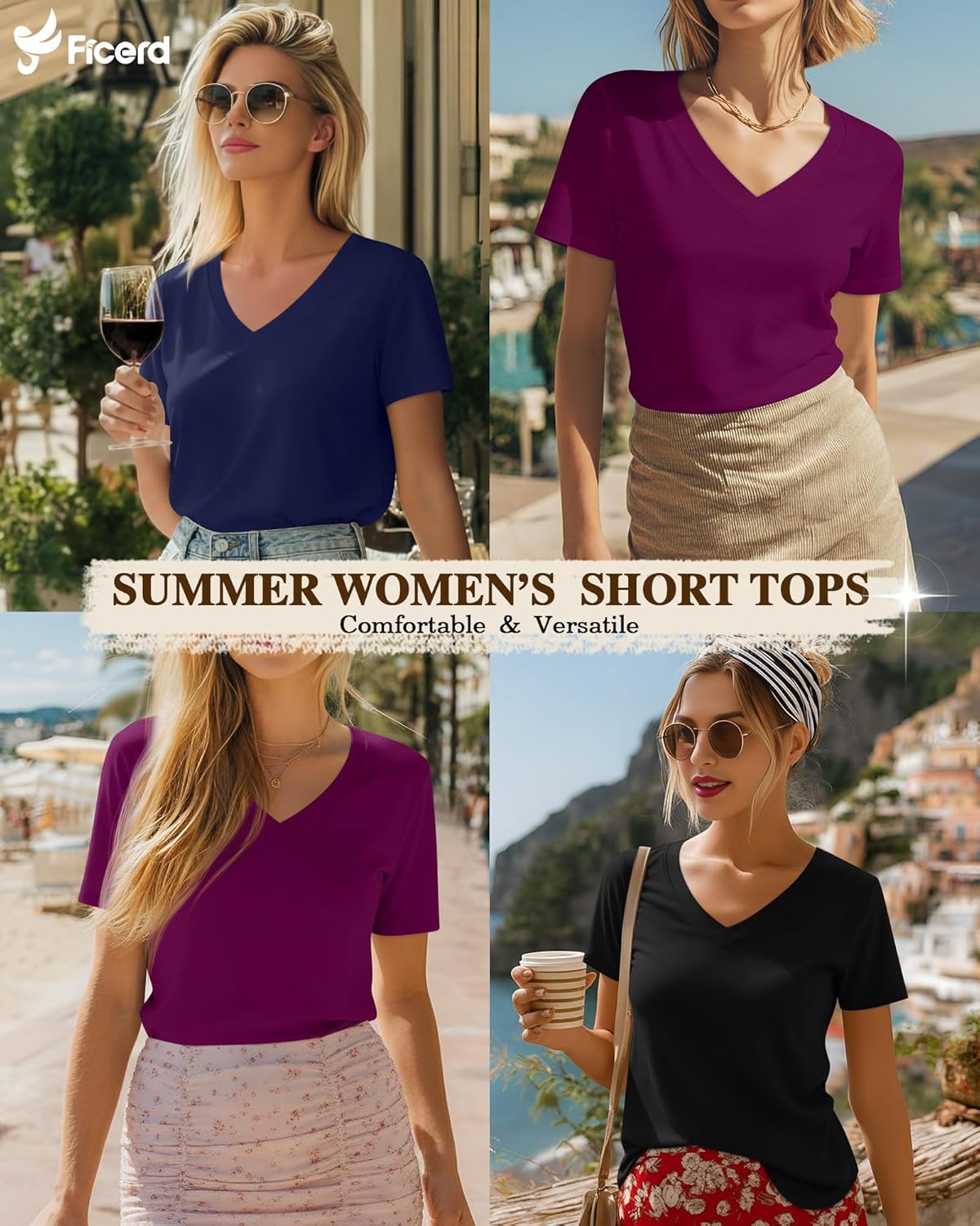 Ficerd 3 Pack Women's Short Sleeve T-Shirts V Neck Tunic Tops Casual Summer Curved Hem Tees Loose Fit Solid Basic Tshirt 2026 - Image 2