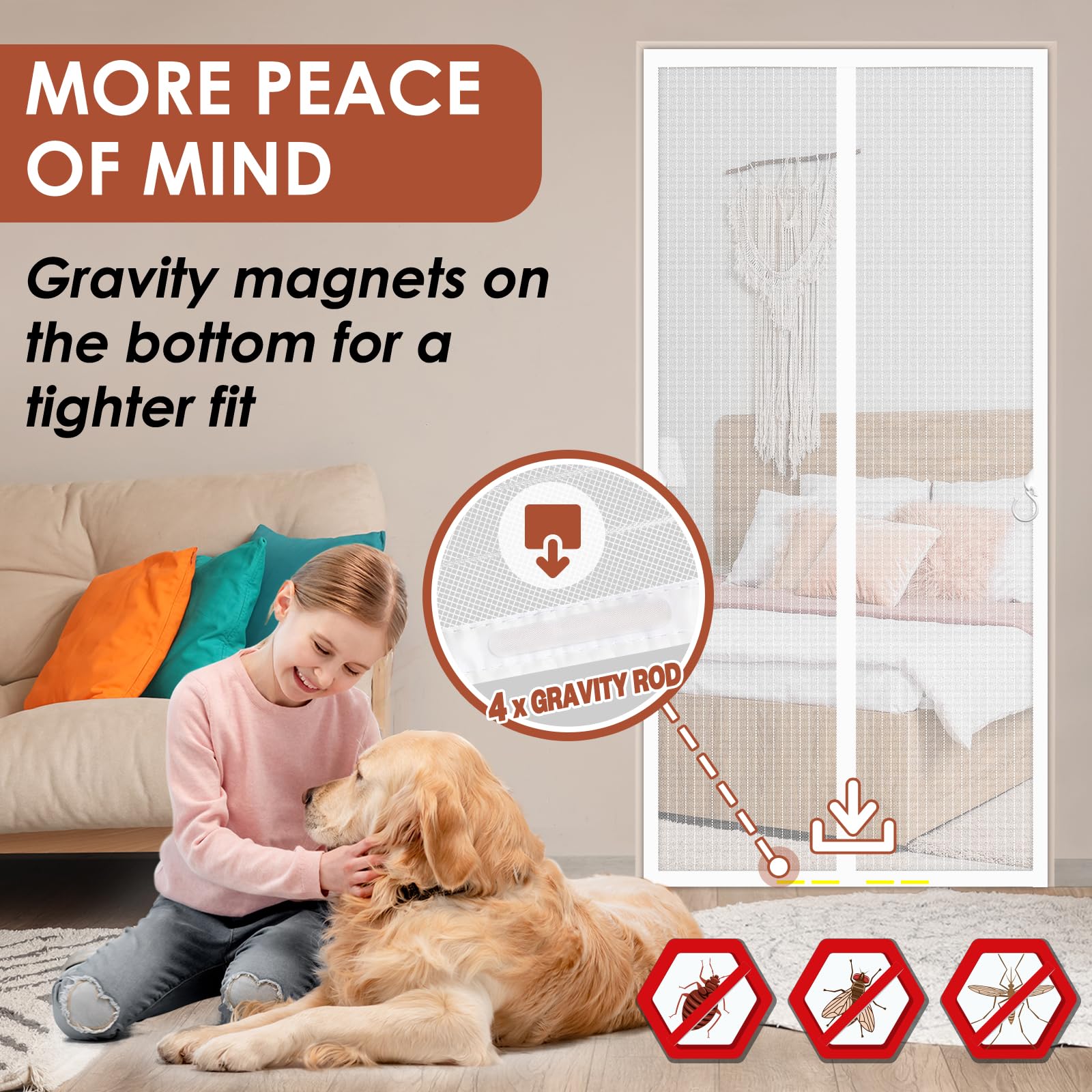 FORTRY Moustiquaire Porte Magnetique 140x240cm, Rideau De Porte Anti Mouche Pour Couloirs, Portes, Patio, Exterieur, Magnétique Moustique Sans Percage, Fermeture Automatique Joint Magnétique, Blanc