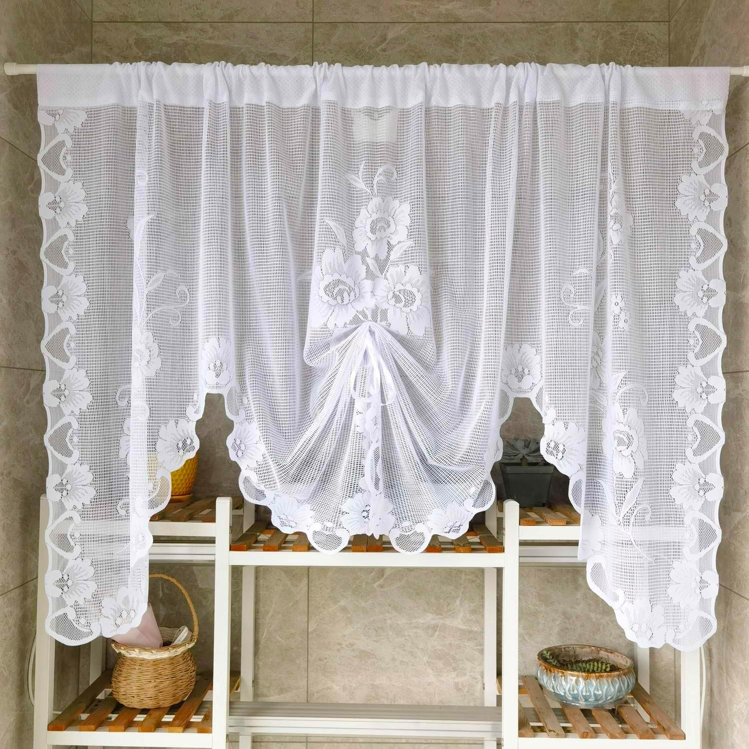 WUBODTI White Sheer Lace Window Valance - 63\" W X 24\" H, Floral Embroidery, Voile Cafe Curtain For Kitchen, Dining Room