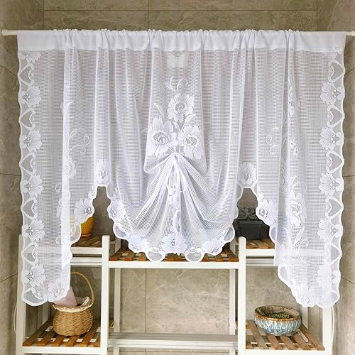 1 panel de cortina de encaje transparente con bordado floral blanco, cenefa de cortina de estilo princesa bordada en cascada para cocina, baño,