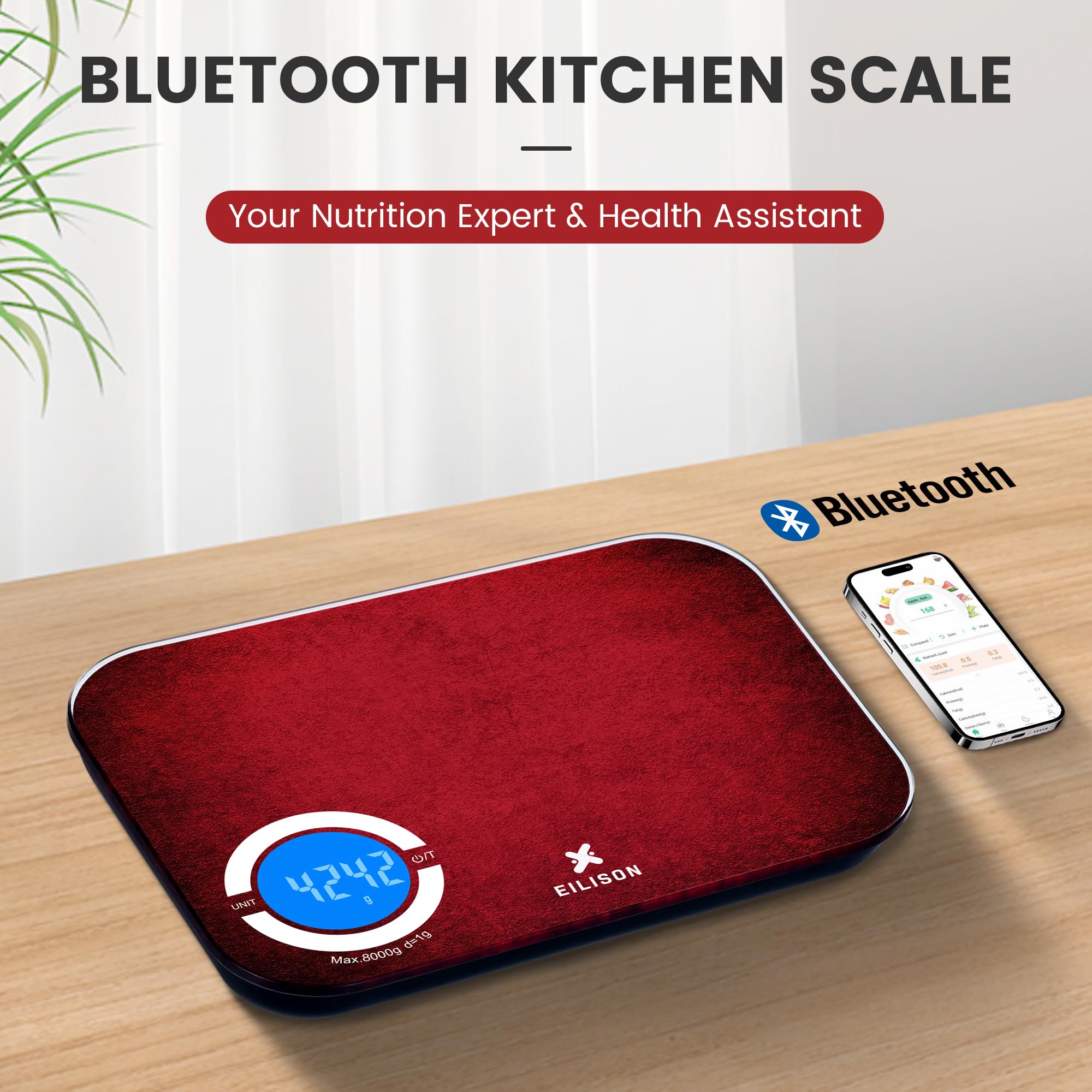 EILISON Báscula de cocina inteligente con aplicación Bluetooth, báscula digital de alimentos de alta precisión para hornear, cocinar y dieta, base de datos de alimentos 8000, 24 nutrientes, pantalla