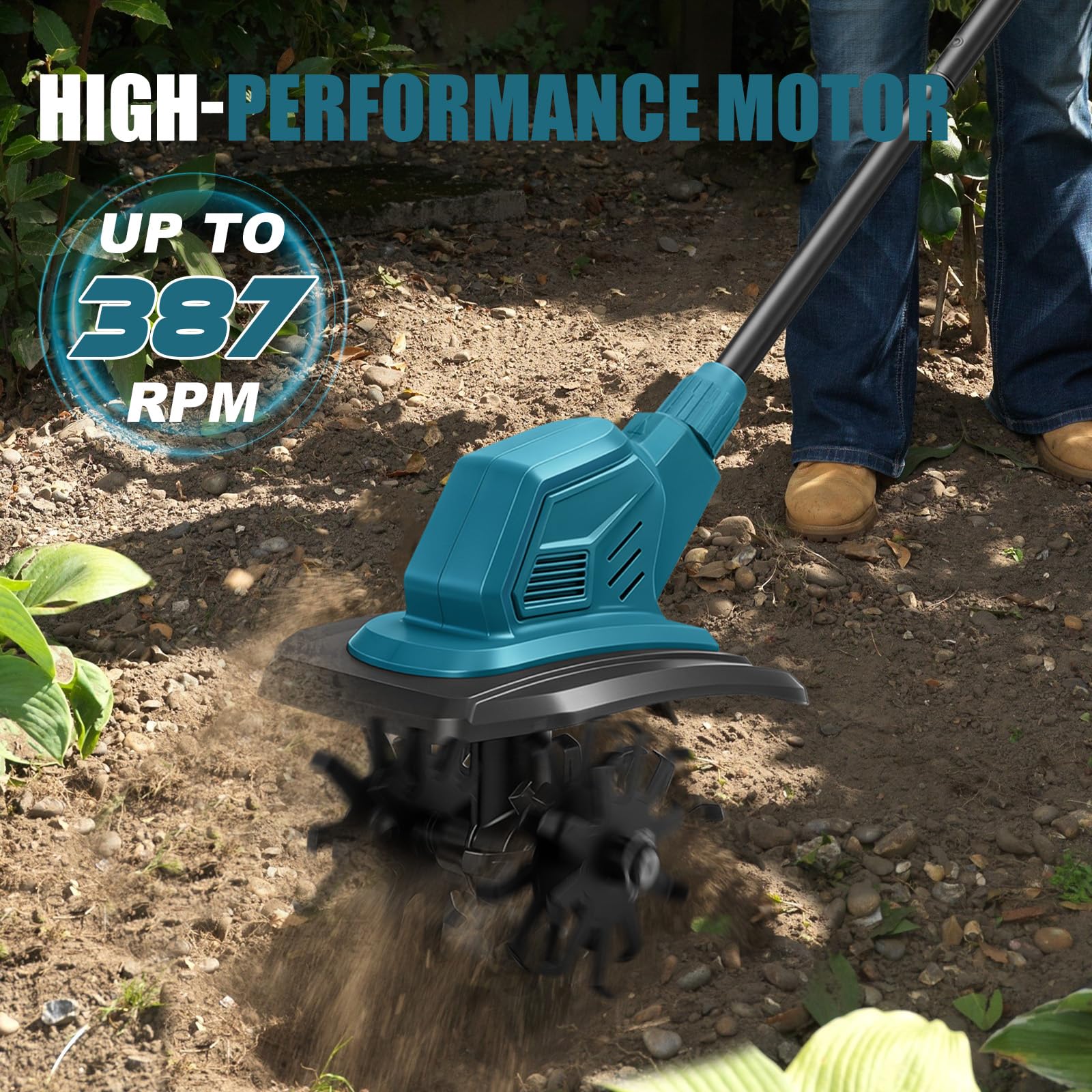 Motoazada para huerto, azada eléctrica, para Makita 18V batería | profundidad de trabajo de 18 cm, Ancho de Trabajo de 20 cm, Velocidad de 387 RPM, Mango ergonómico, para Cultivo de jardín