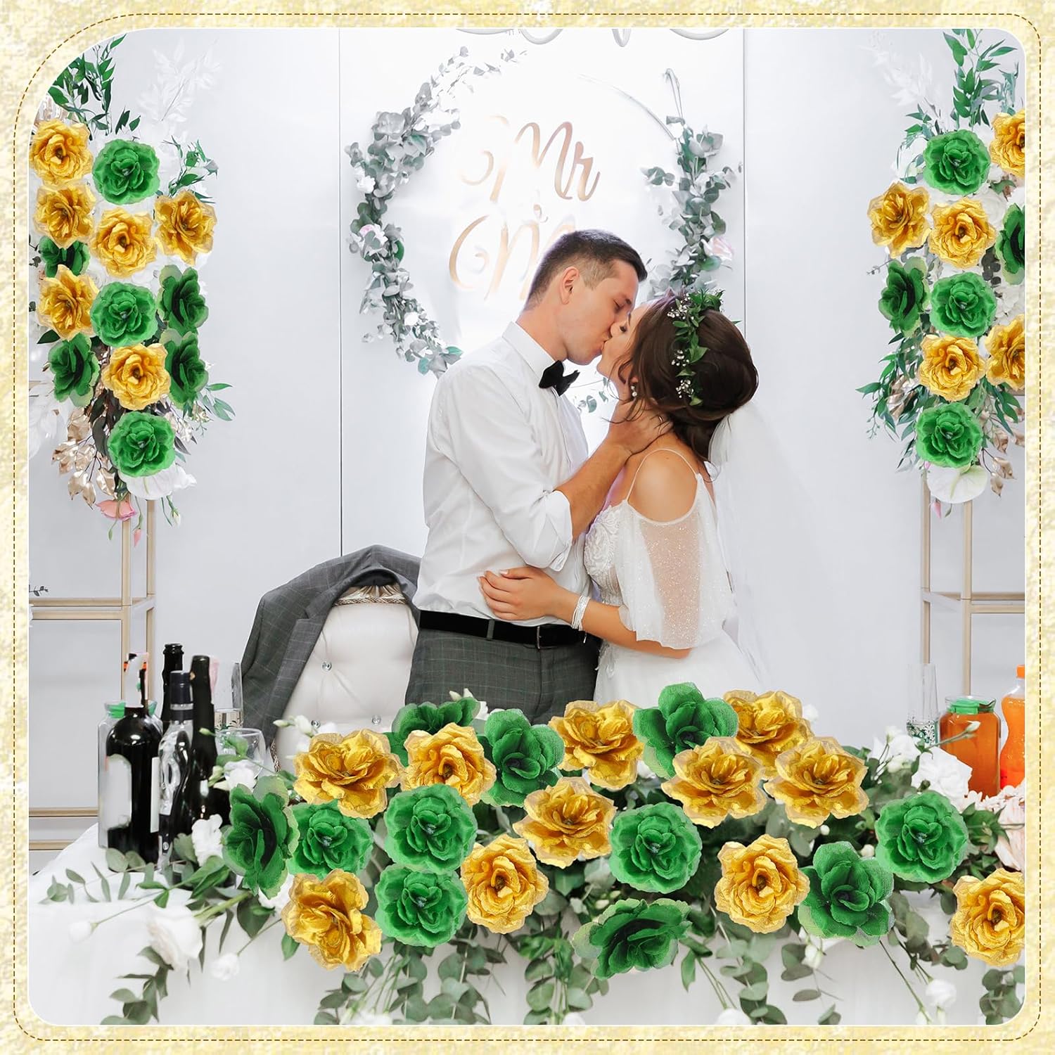 200 Pcs 3 Inch Artificial Flowers Fake Silk Rose Head Flower with Stem Emerald Flower Faux Rose and 6 Inch Stem for Wedding Bridal Bouquet Home Floral Decor DIY Centerpieces (Gold and Green)