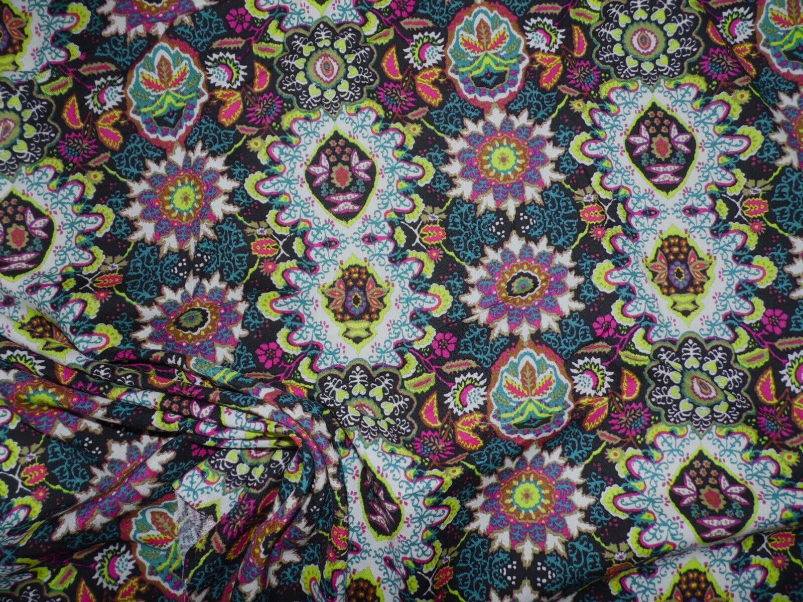 Discount Fabric Challis Rayon Apparel Floral Fuchsia Pink Lime Teal Black E41