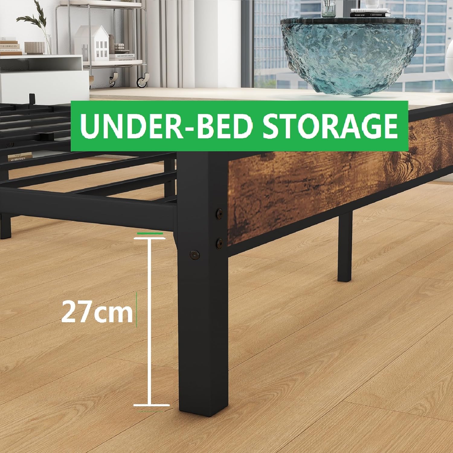 DUMEE Queen Bed Frame with Wood Headboard and Footboard, Metal Bed Frame Queen Size Under Bed Storage, No Box Spring Needed, Enhanced Support Noise Free (Black+Brown Oak) - Image 9