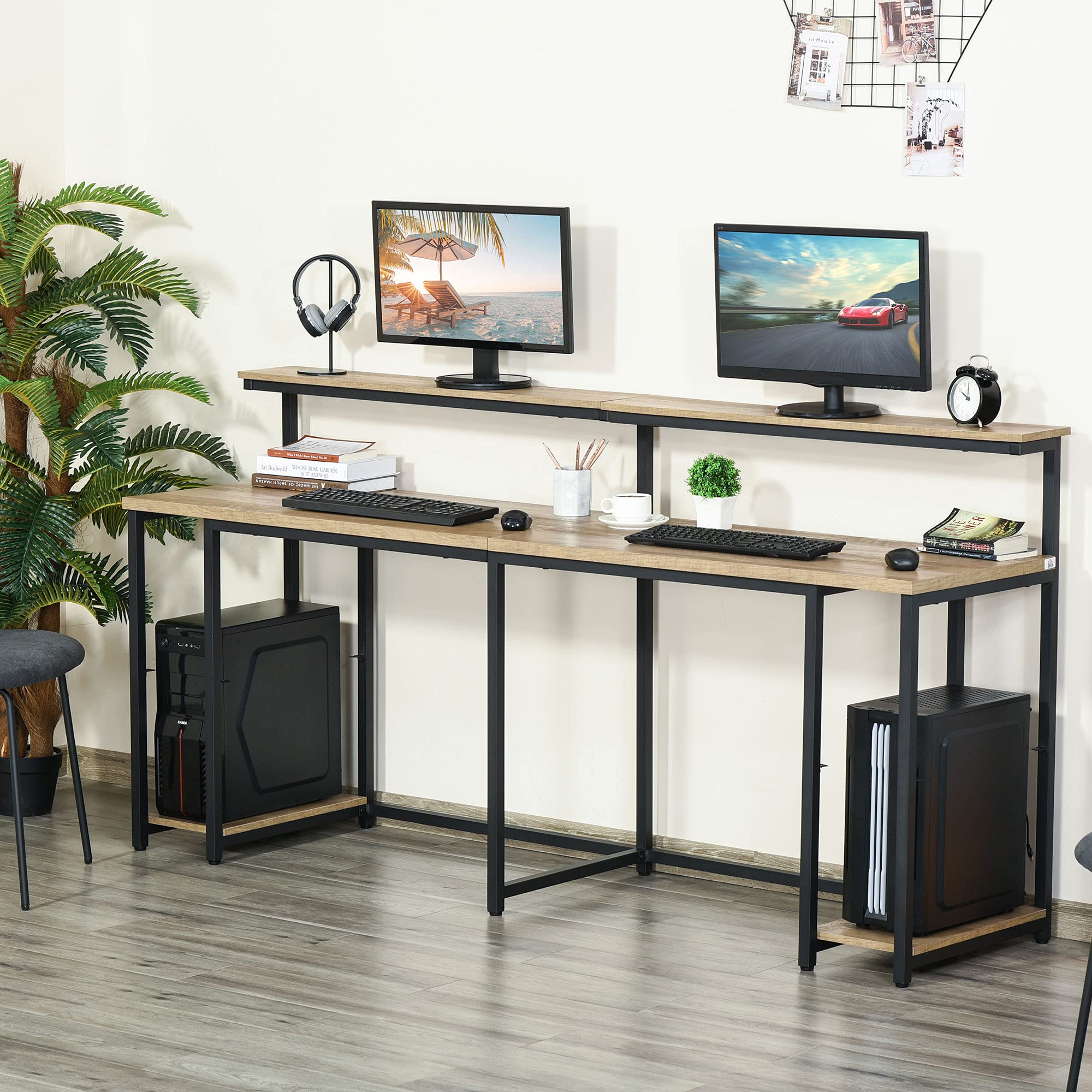 HOMCOM Scrivania Doppia con Mensole per Monitor 200x53x100cm Nero Marrone | Scaffali, Stile Industriale, Scrivania con Libreria Salvaspazio, Ufficio e Studio, Metallo e MDF