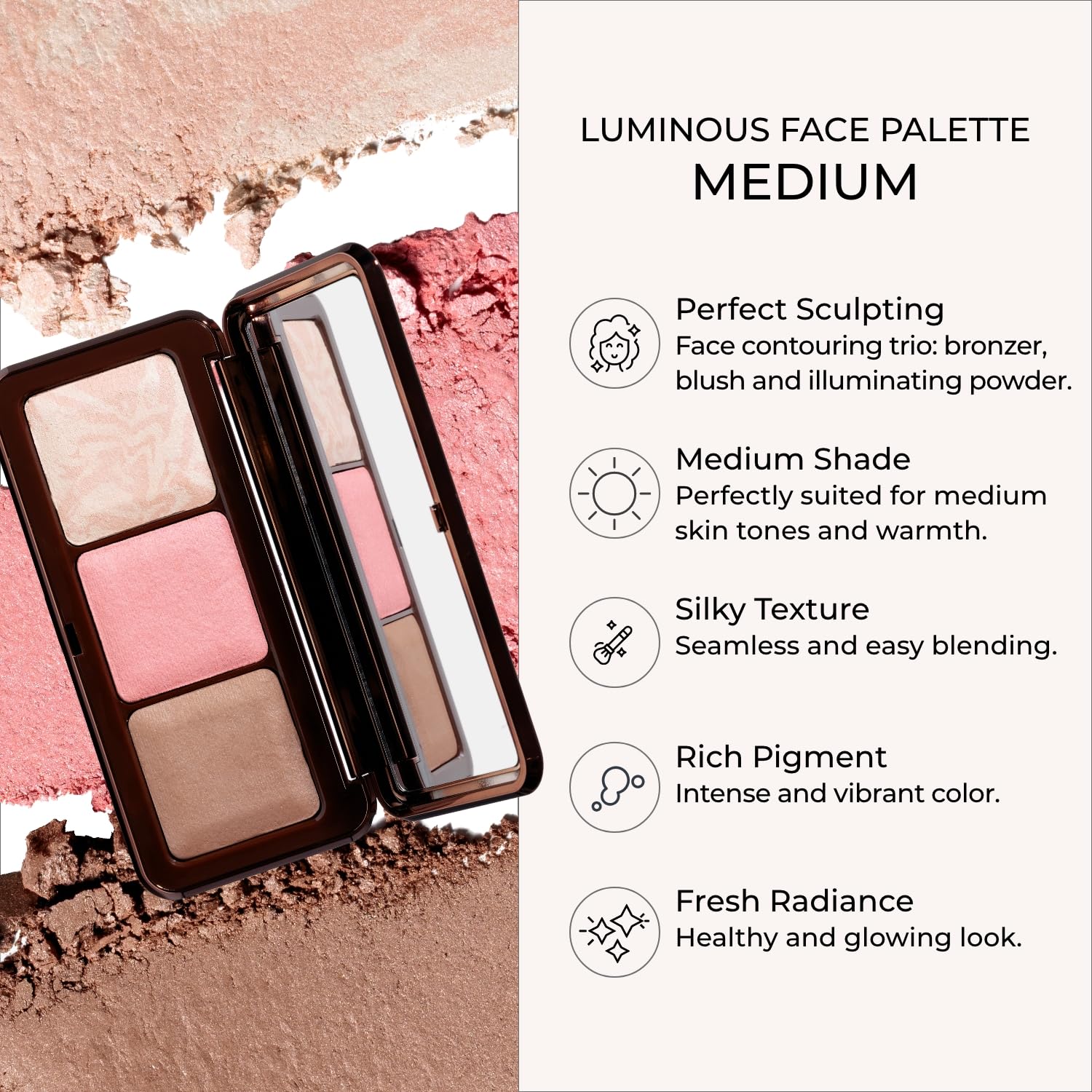 EVERYBODY LONDON Paleta do konturowania twarzy, Luminous Face Palette, bronzer, róż, puder, jedwabista formuła, wysoka pigmentacja, efekt wymodelowanej cery, (Medium)