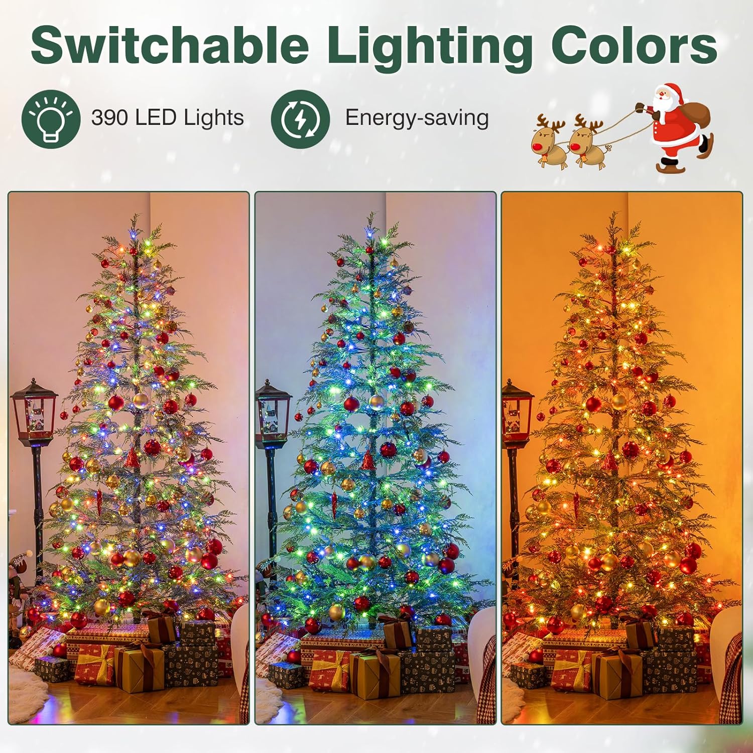HAPPYGRILL 6.5 FT Pre-lit Artificial Christmas Tree Hinged Sparse Xmas Fir Tree with 390 LED Lights, 8 Modes, 578 Branch Tips, Folding Metal Stand, for Home Party Holiday