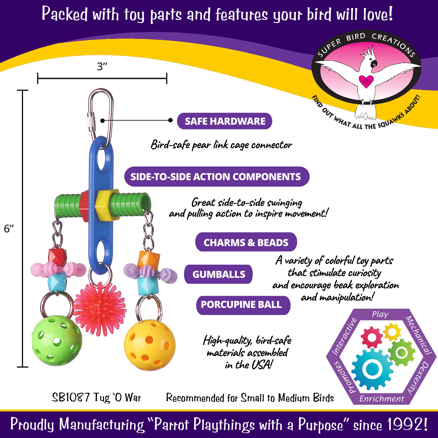 Super Bird Creations SB1087 Tug O' War Bird Toy for Parrotlets, Parakeets, Cockatiels, Lovebirds, Ringnecks, Medium Conures, Quaker, Caiques - Multi-colored toys - Small/Medium Bird Size, 6