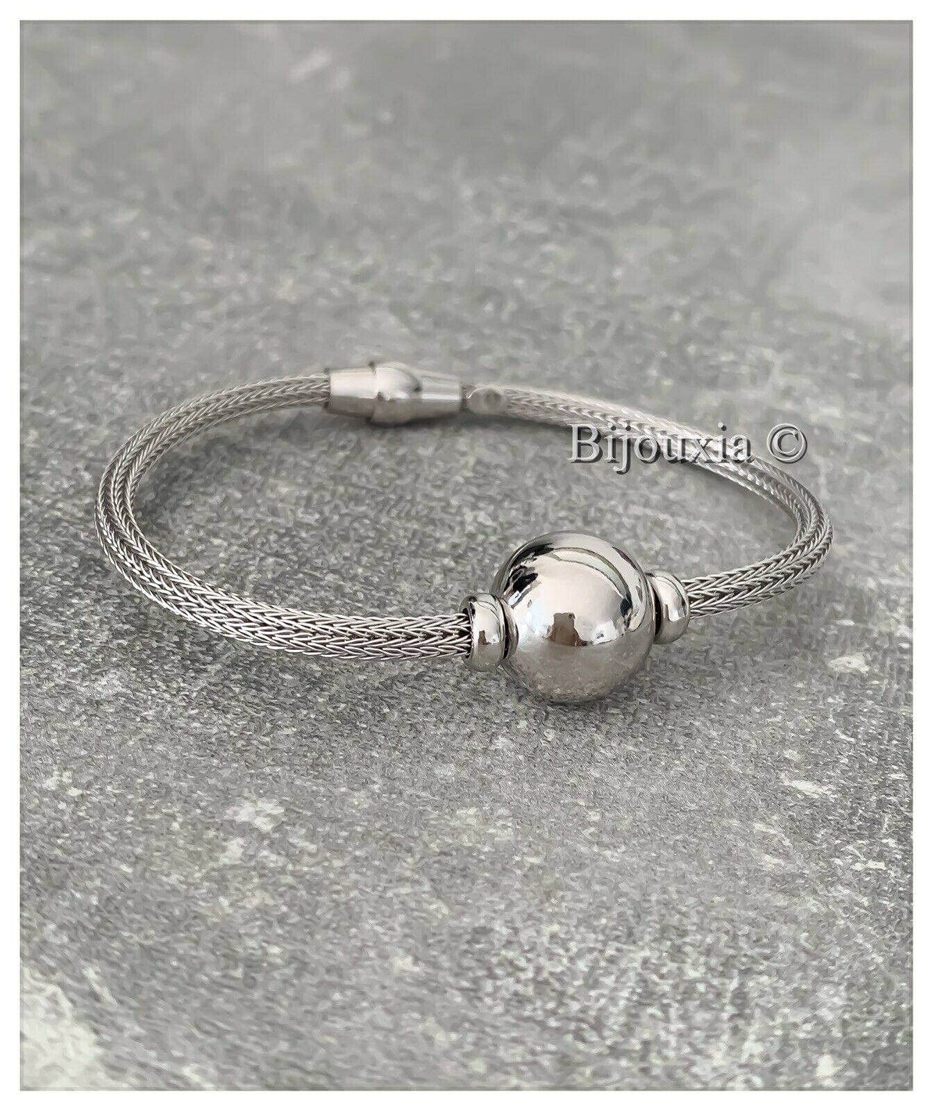 Bracciale a maglia palma con sfera in argento 925 rodiato - CPL, Taglia unica, Argento sterling Metallo Argento