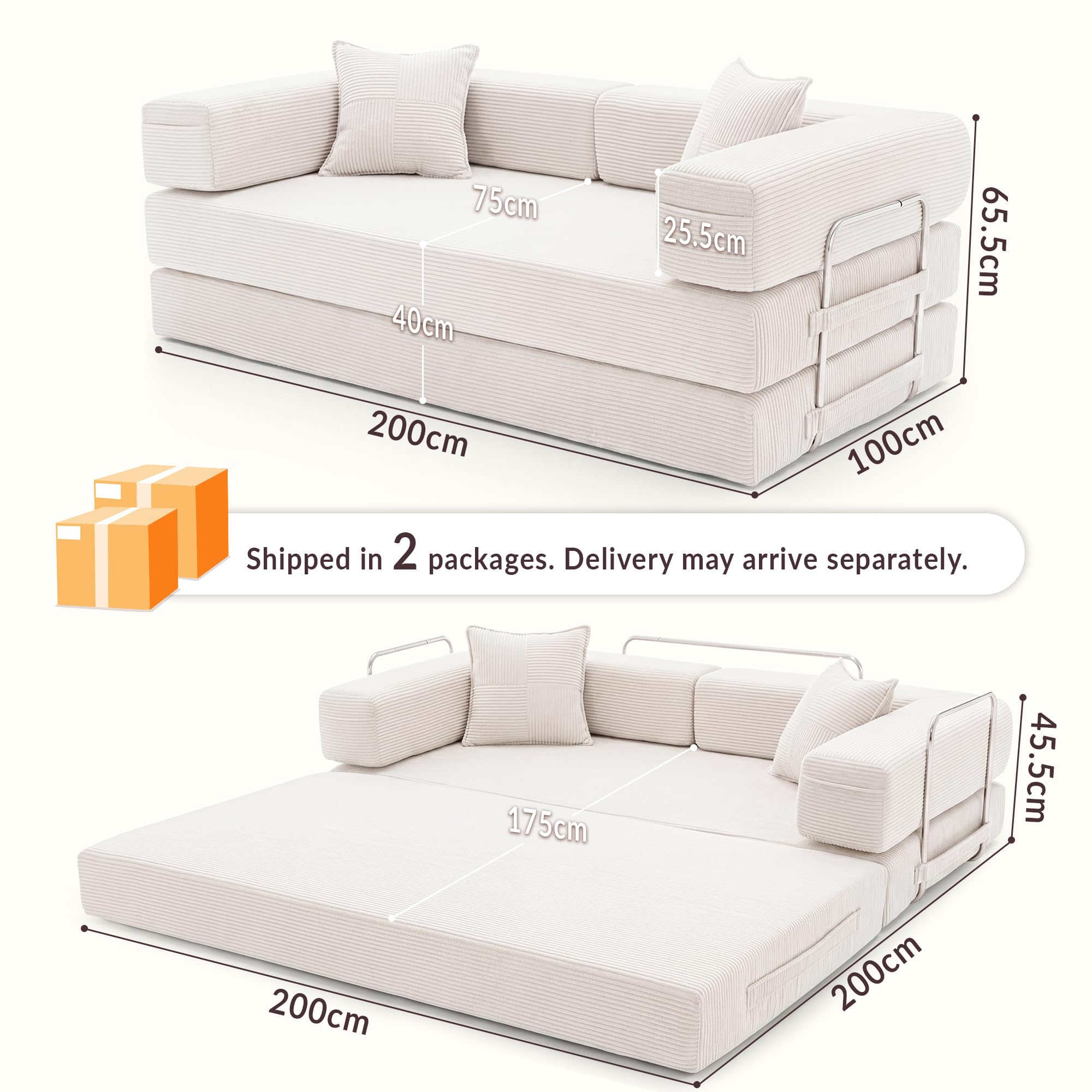 YINIX Składana Sofa 3-osobowa Łóżko Gościnne 200cm XXL, Modułowa Sofa Podłogowa ze Sztruksu z Metalową Ramą, Antypoślizgowa, Zmywalna (Biały, 200cm (3-osobowa))