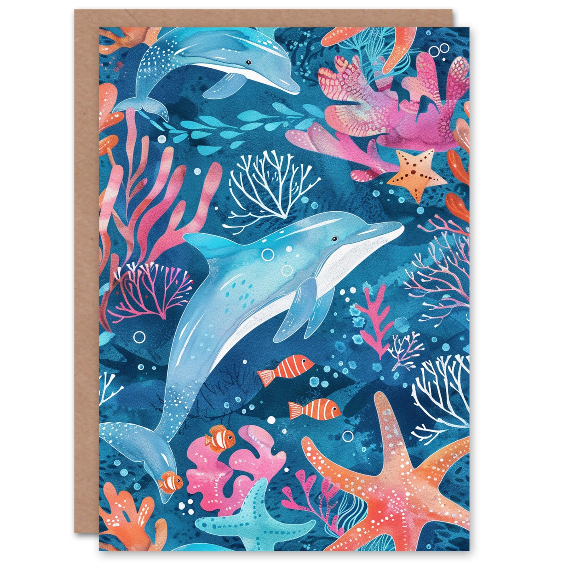 Artery8 Ocean Sea Life Coral Reef Dolphins Fish Starfish For Child Kids Birthday Card